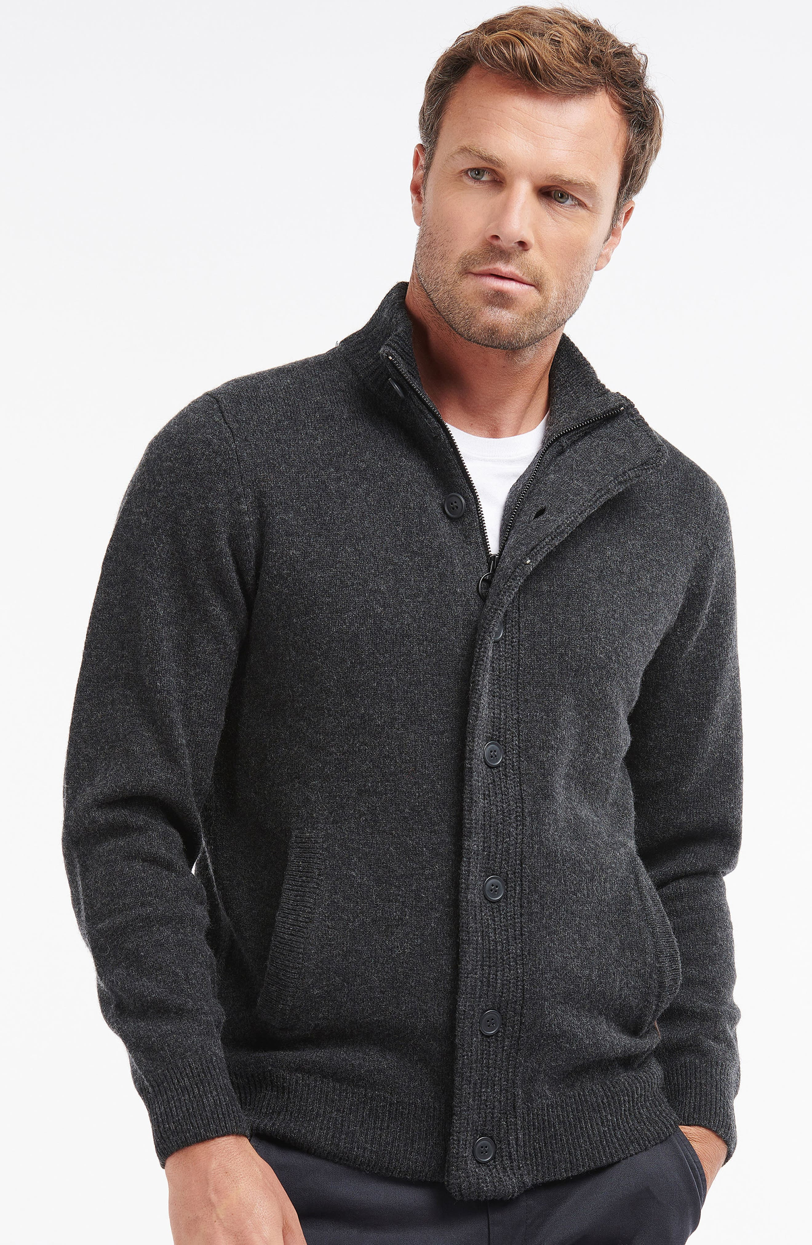 Barbour Elbow Patch Wool Cardigan in Charcoal Marl at Nordstrom - 5