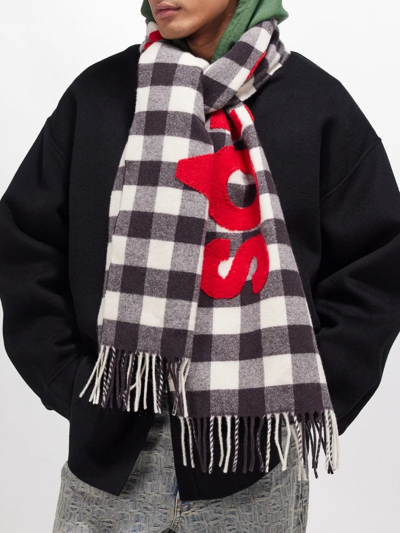 Logo-patch checked wool-blend scarf - 2