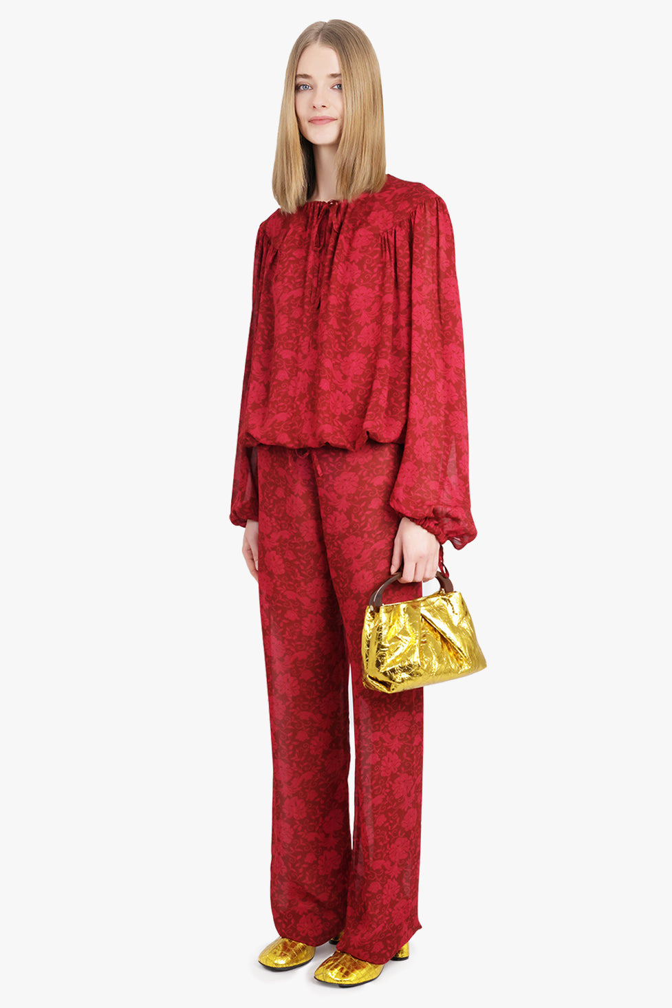 CATTI FLORAL PRINT L/S TIE BLOUSE | CHERRY RED - 4