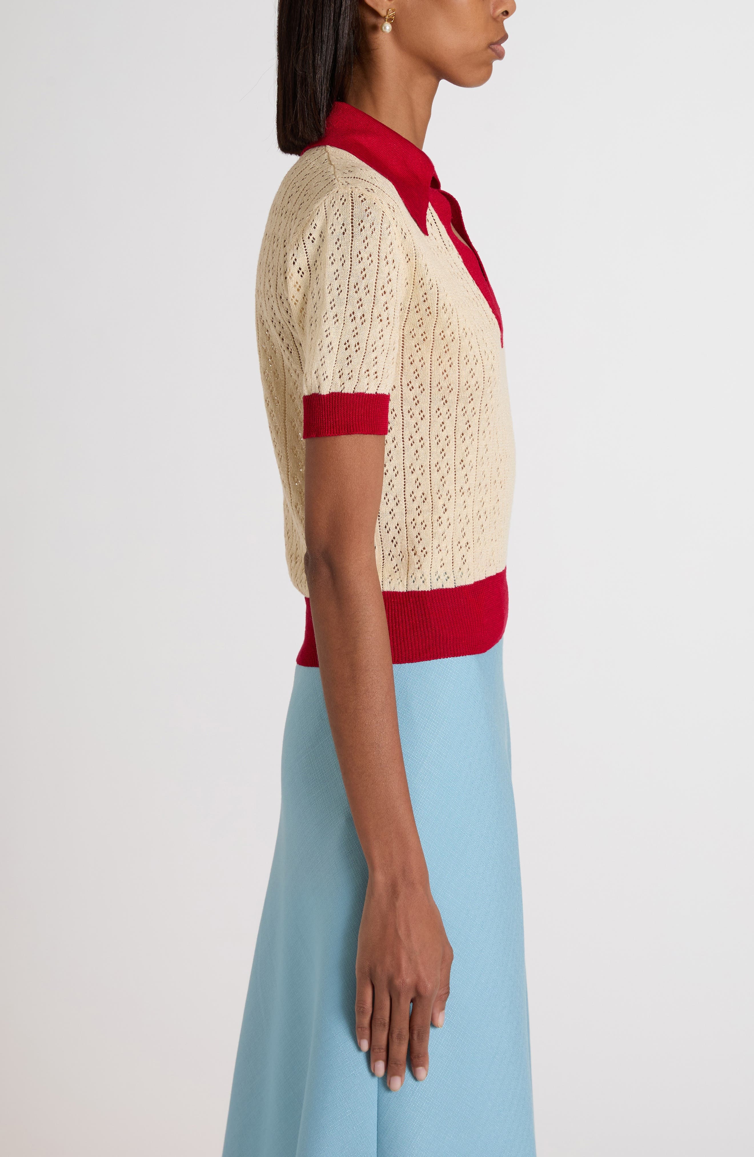 Valentino Garavani Pointelle Knit Polo Sweater in Light Hazelnut at Nordstrom - 4