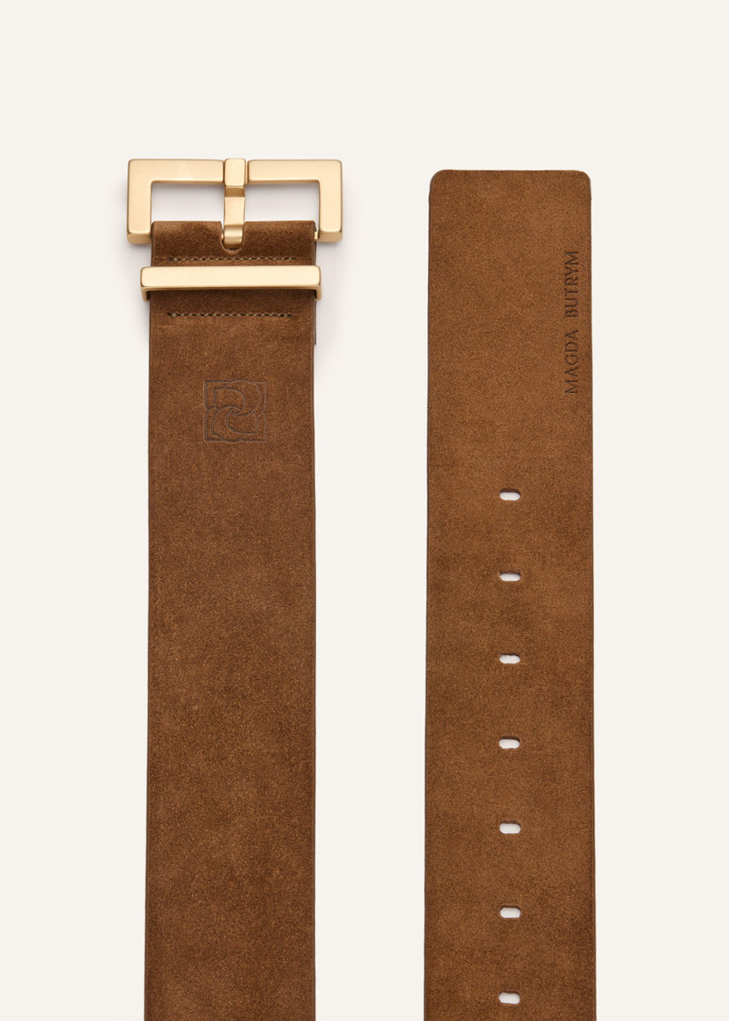 Minimalist brown suede belt in gold 1