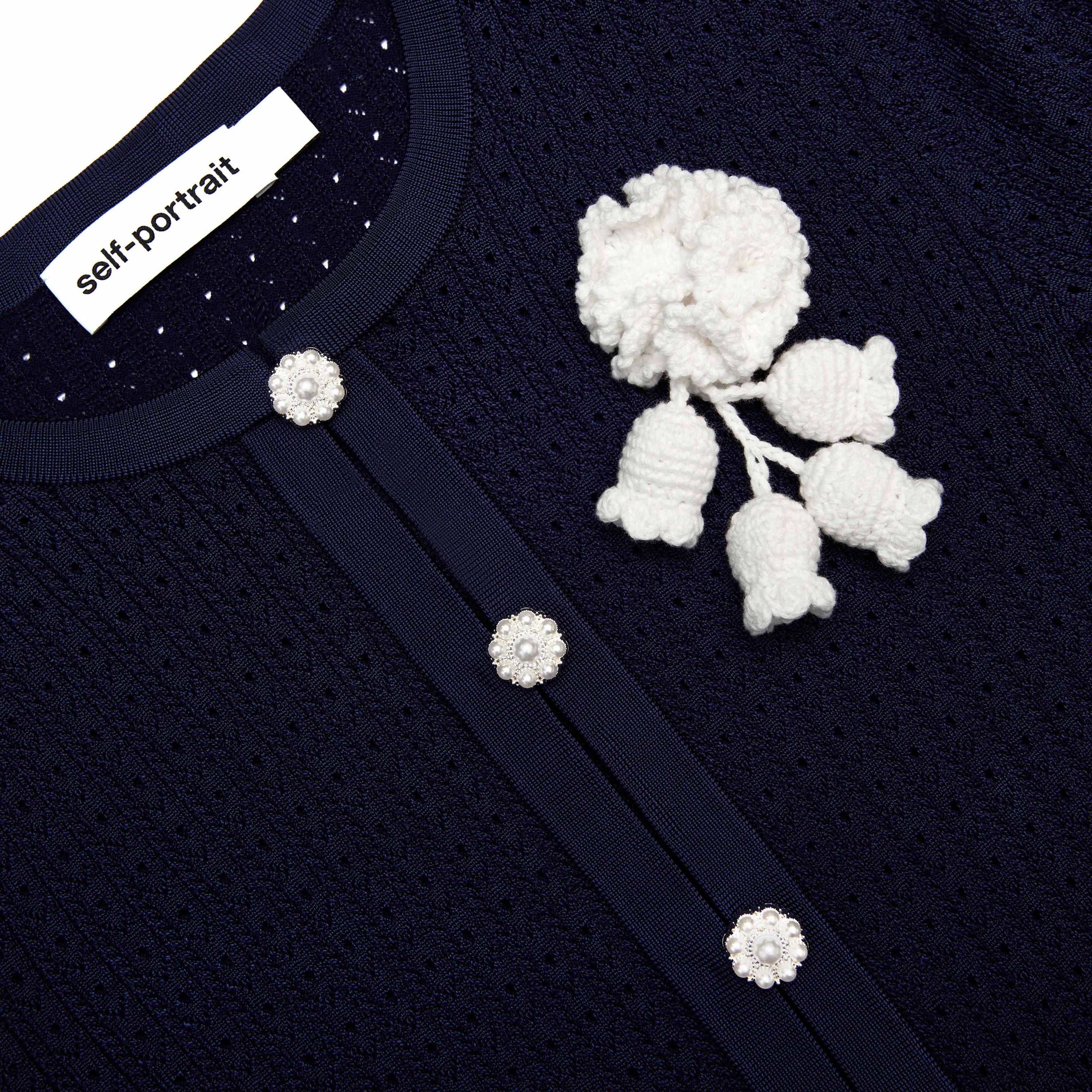 Navy Pointelle Knit Crochet Flower Mini Dress - 5