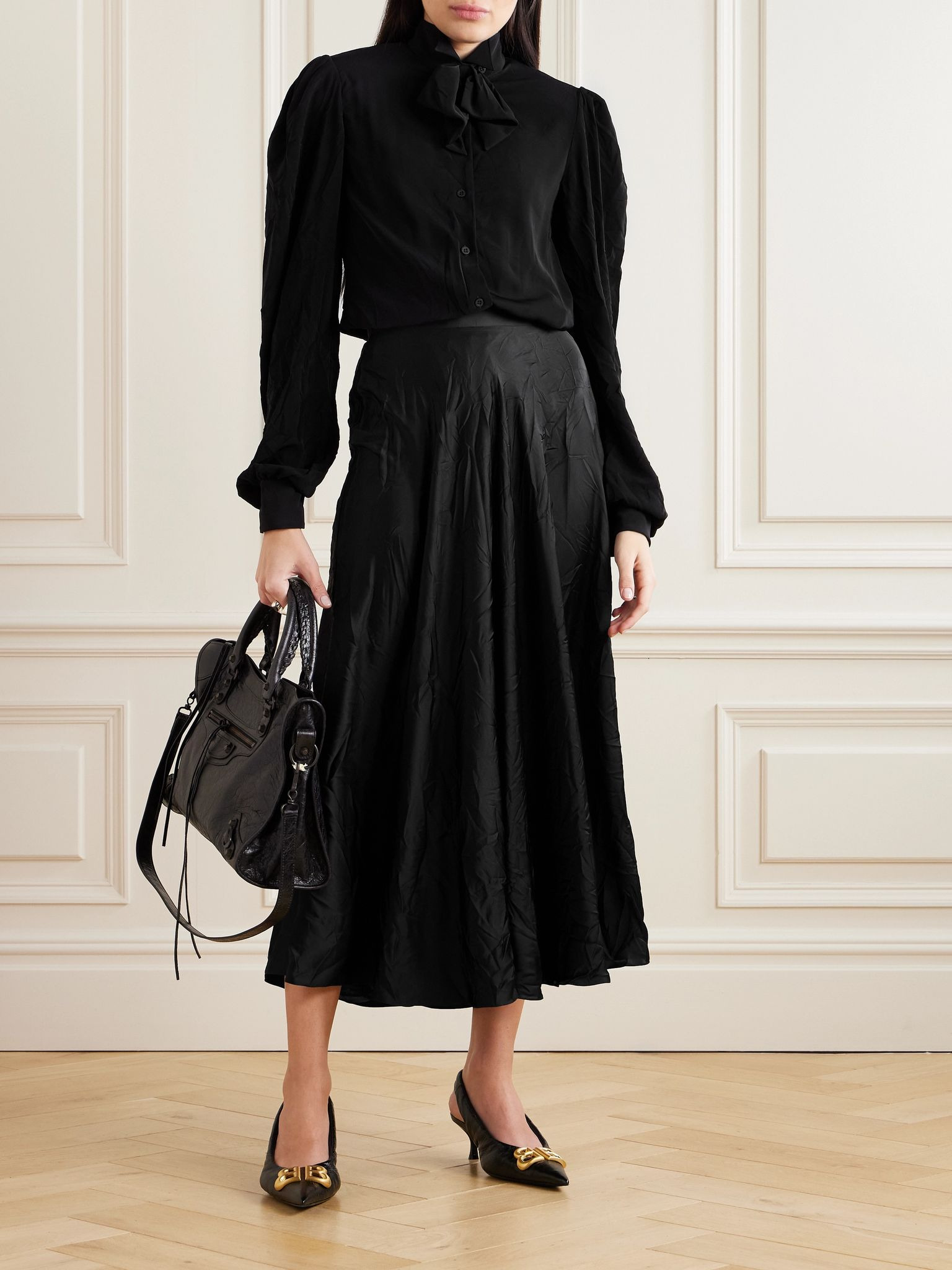Pleated crinkled-satin midi skirt Black - 2