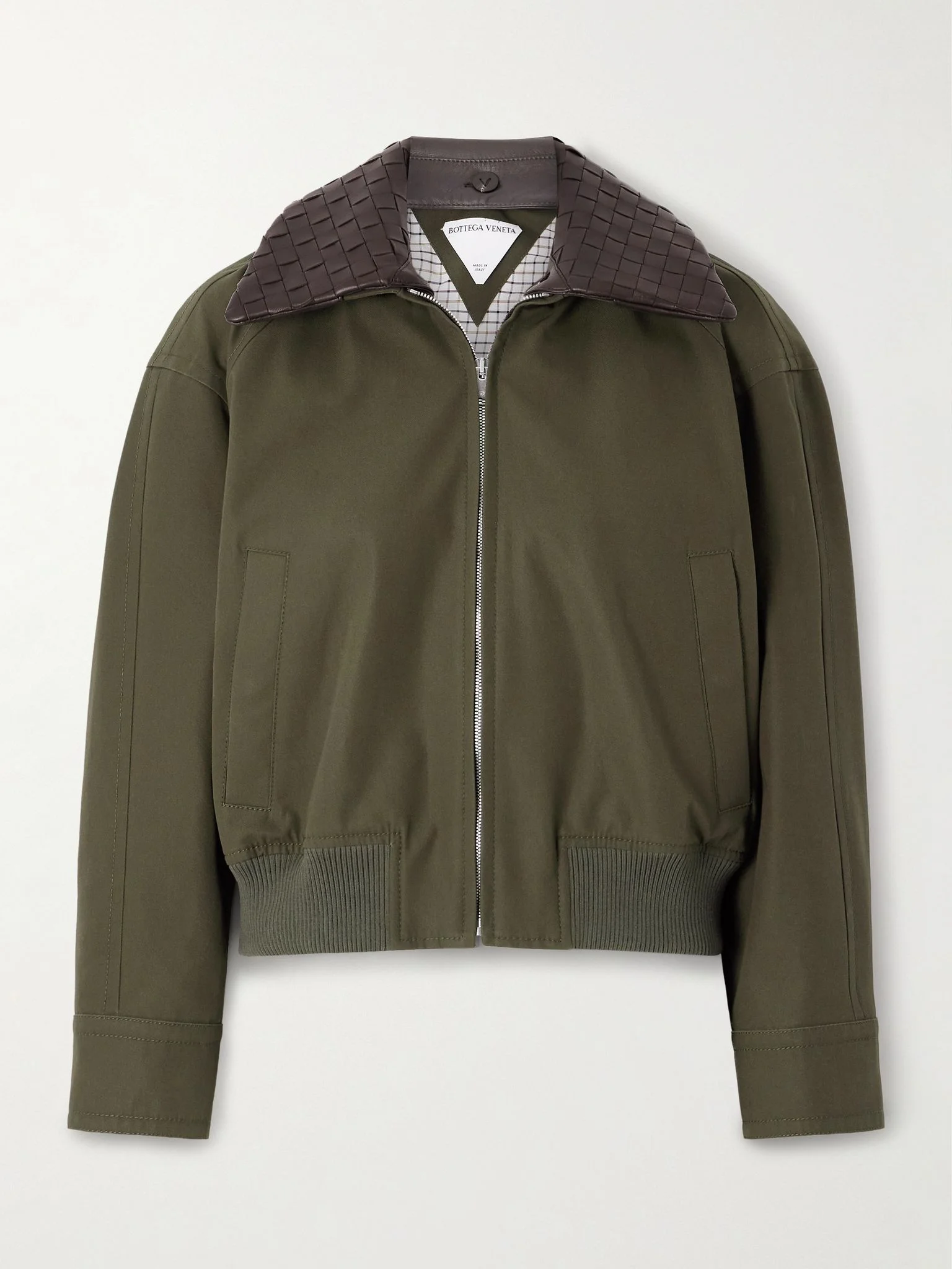 Intrecciato leather-trimmed cotton-twill jacket Green - 1