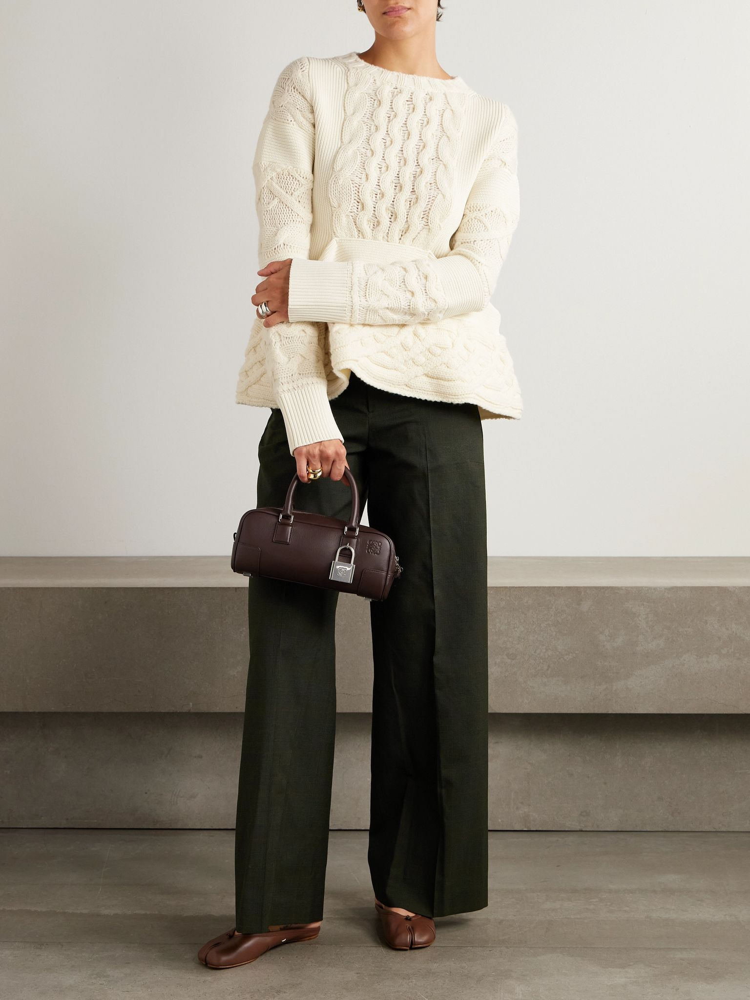 Glen shell-trimmed wide-leg wool pants Army green - 2