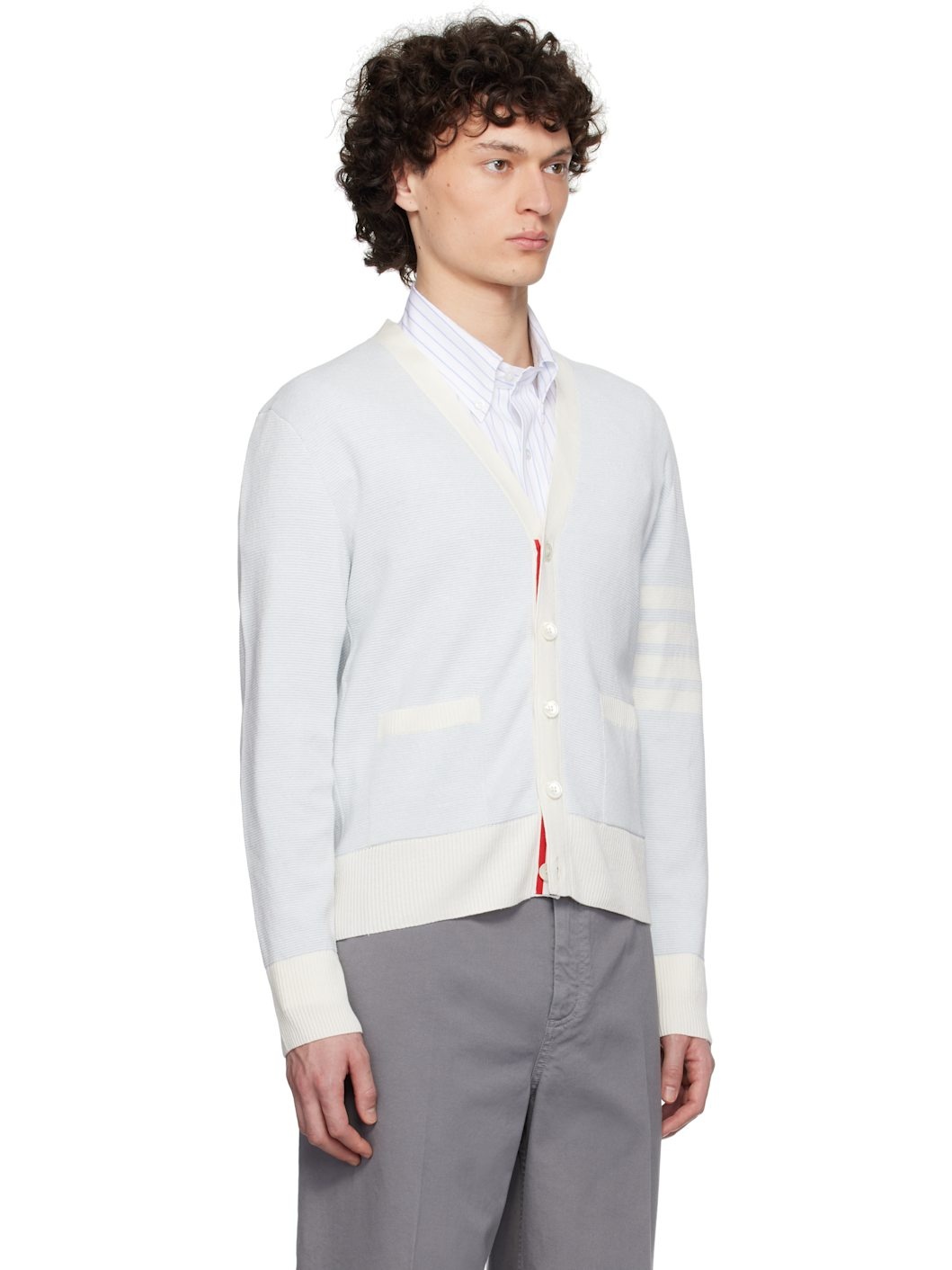 Blue Linen Cotton 4-Bar Relaxed Fit Cardigan - 2