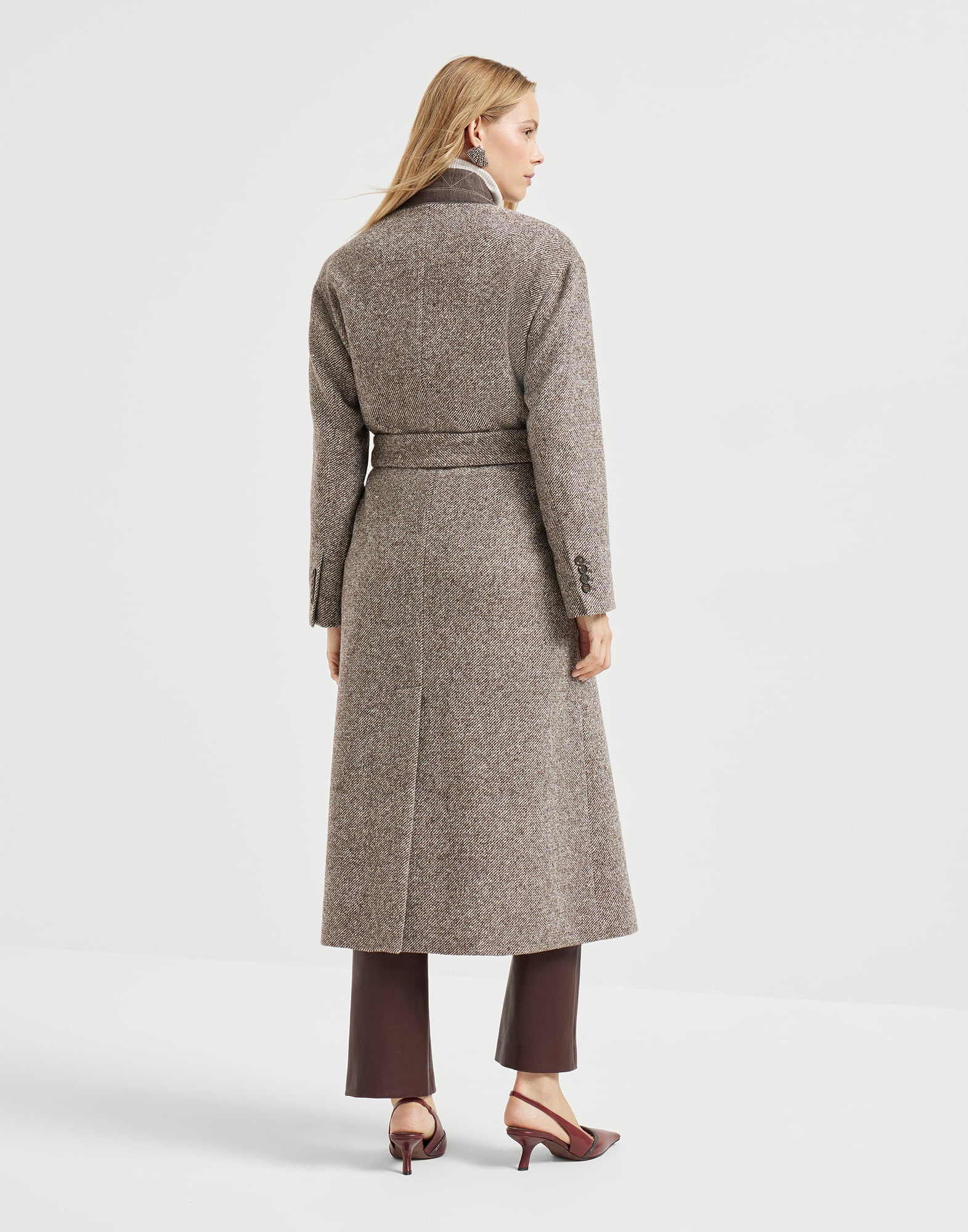 Virgin wool and silk mélange diagonal belted coat with monili - 2