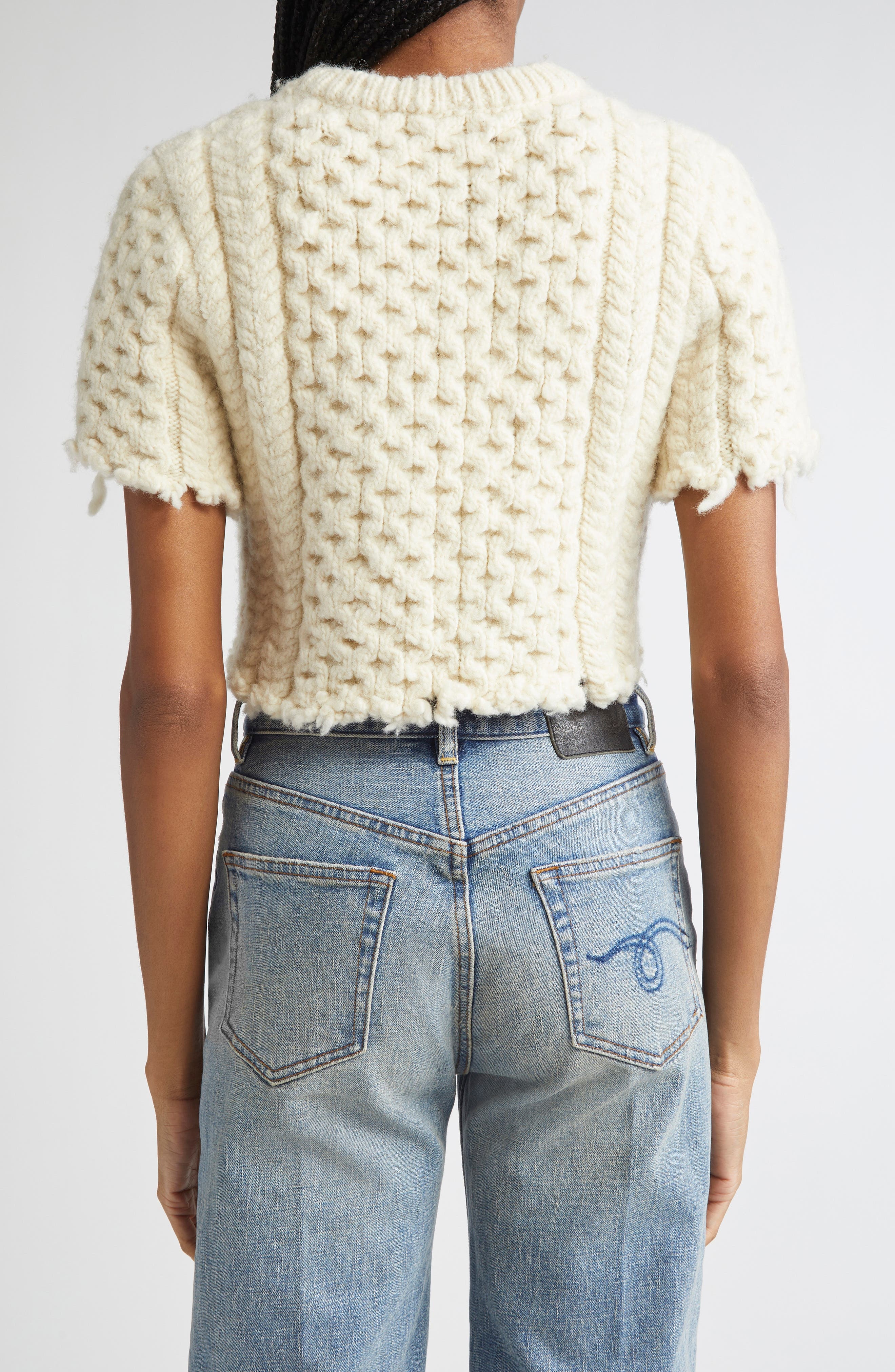R13 Cutoff Shrunken Fisherman Stitch Wool Sweater in Cream at Nordstrom - 2