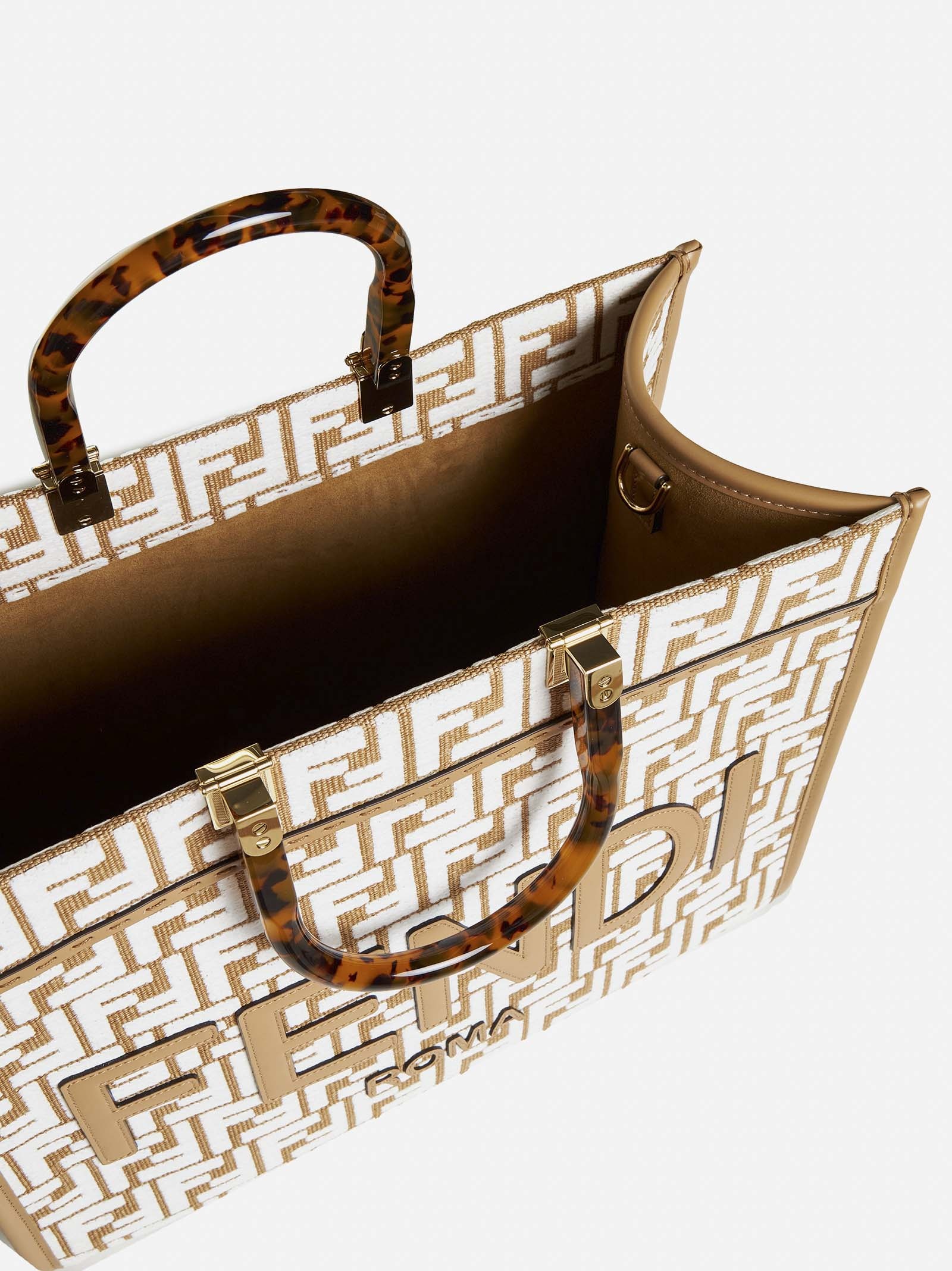 FENDI: By The Way Mini bag in raffia with all-over embroidered FF monogram  - Beige