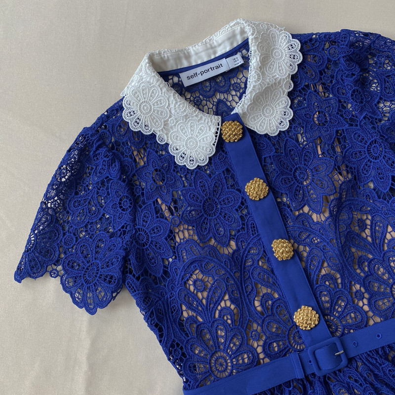 Blue Lace Midi Dress Contrast Collar 4