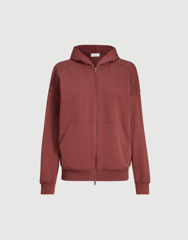 Stretch cotton lightweight French terry hooded sweatshirt with zipper and shiny trims 1