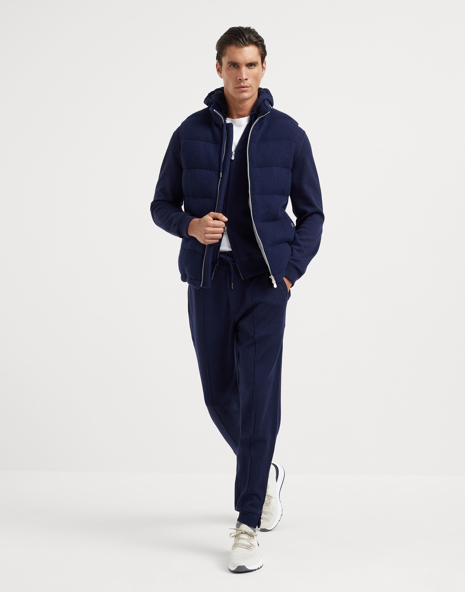 Cashmere English rib knit down vest with packable hood - 5