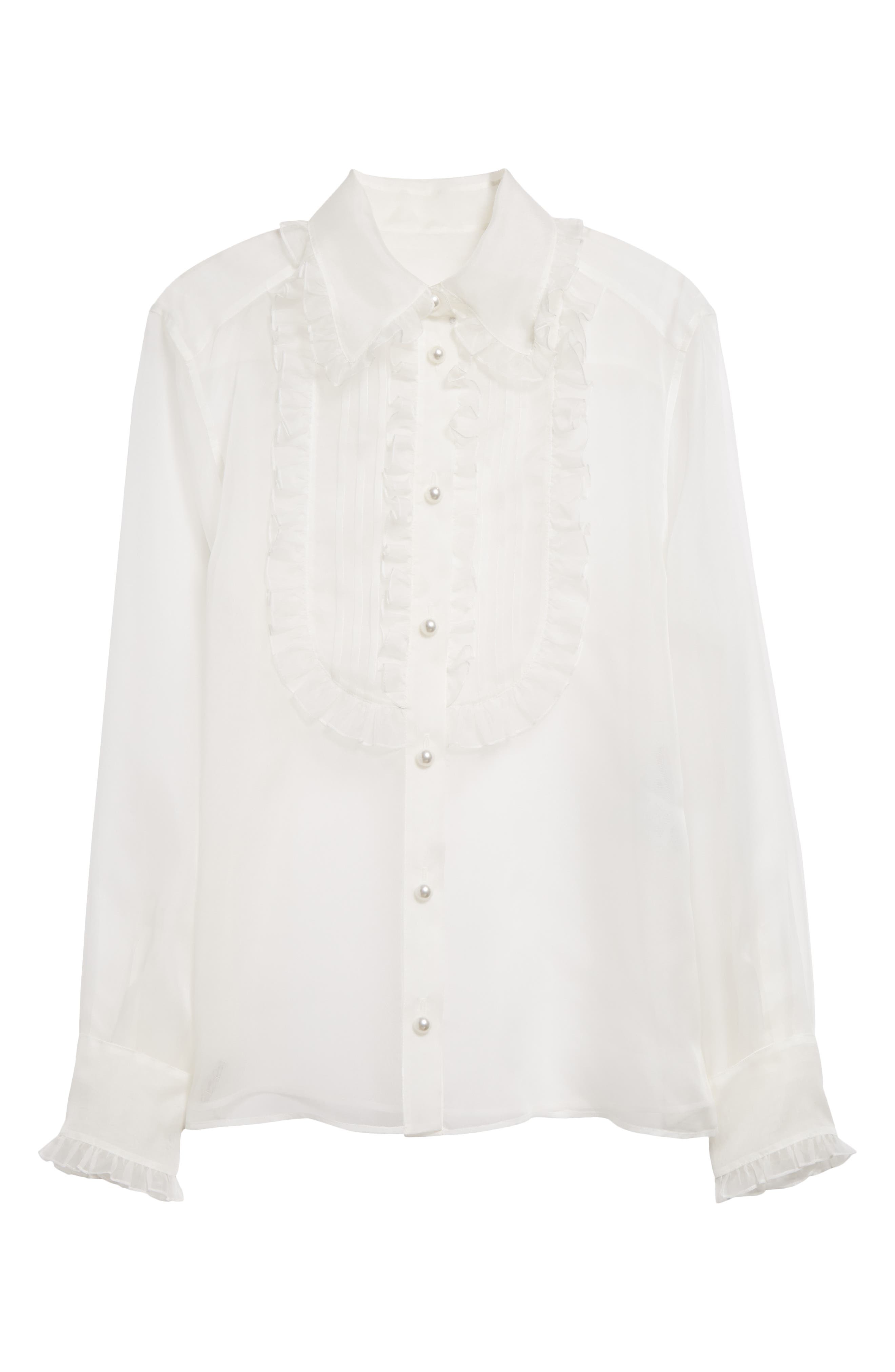 Ruffle Bib Silk Button-Up Shirt - 6