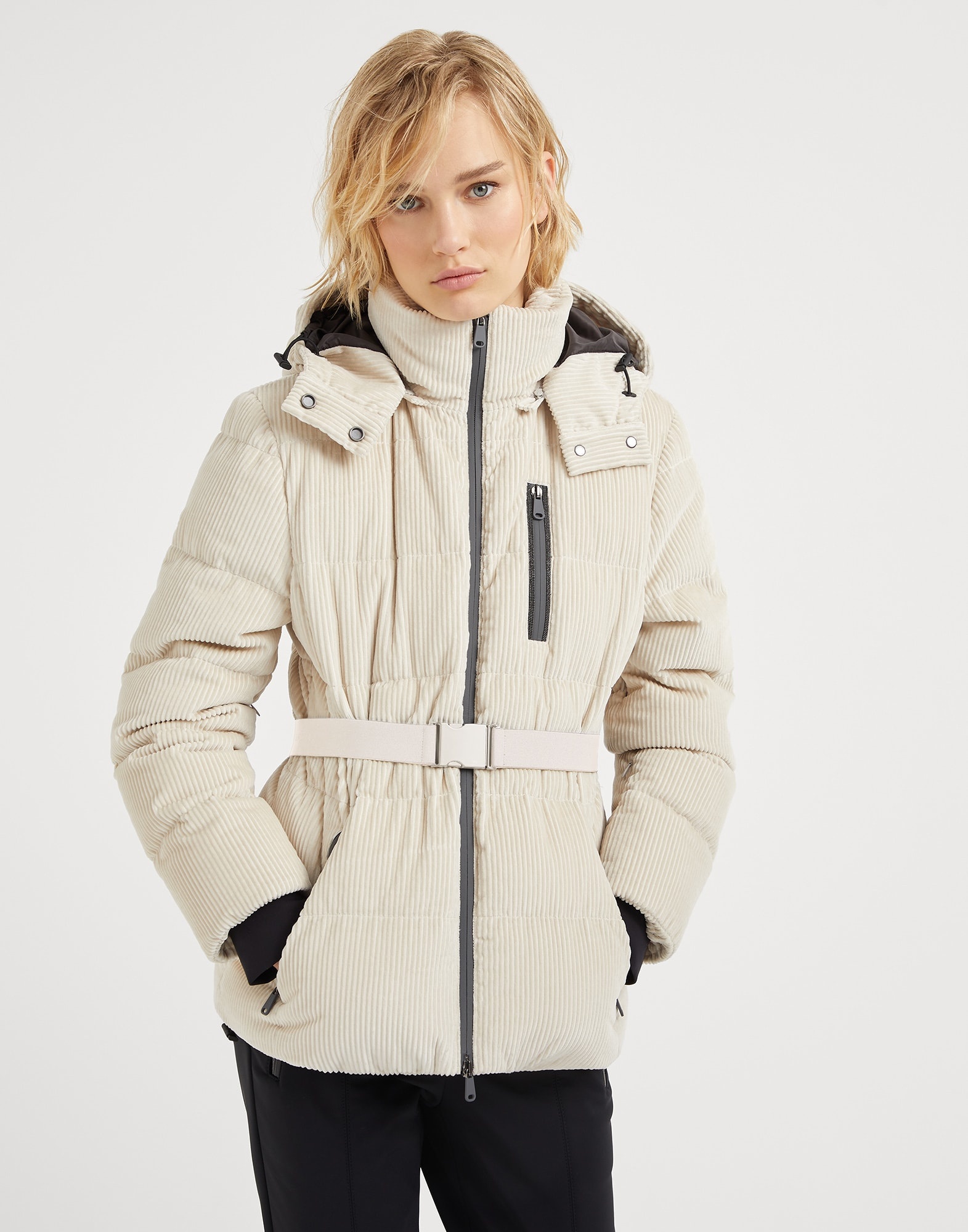 Bonded cotton corduroy mountain down jacket with detachable hood and precious zip detail - 1