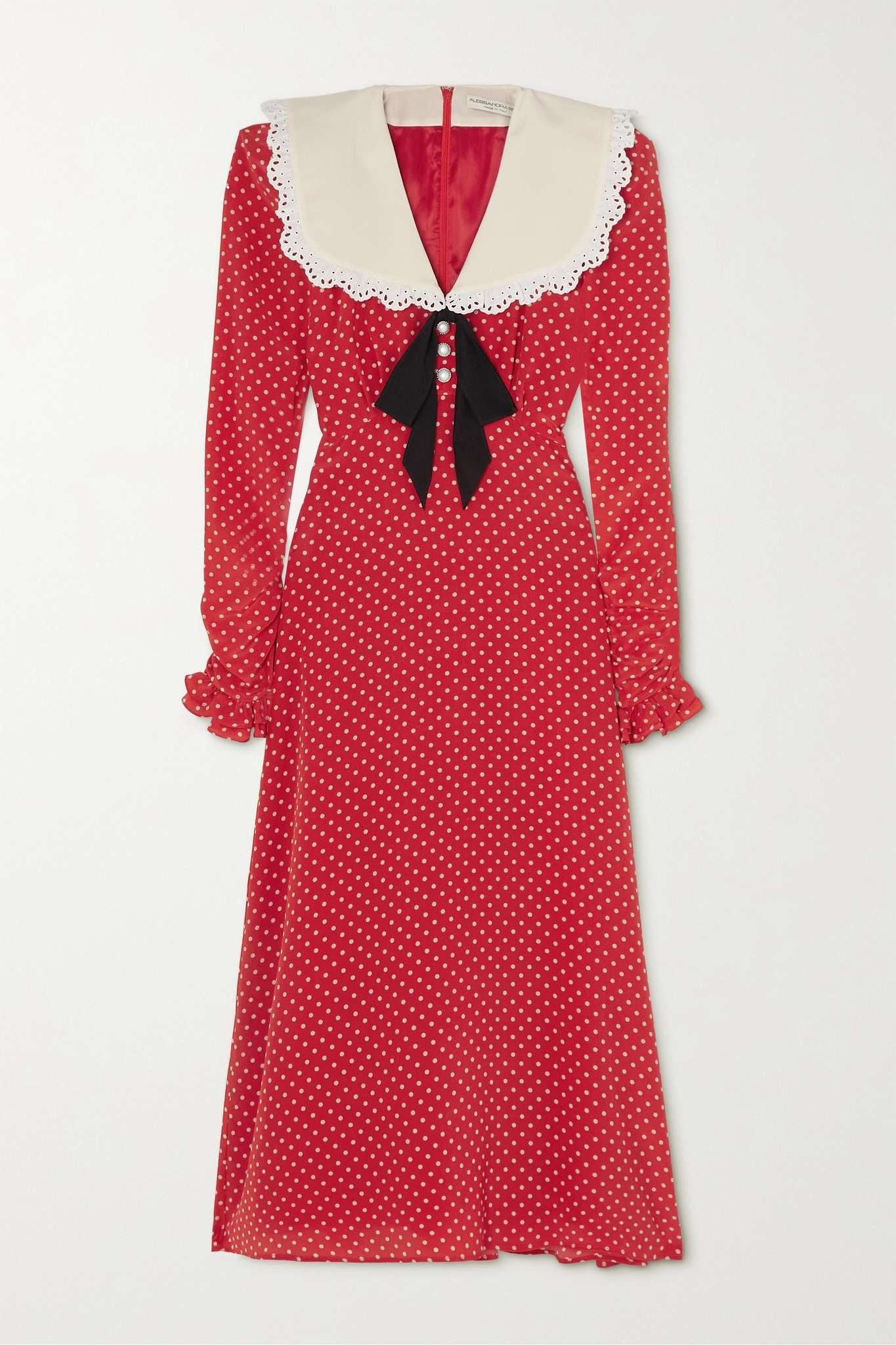 Broderie anglaise-trimmed polka-dot silk crepe de chine midi dress - 1