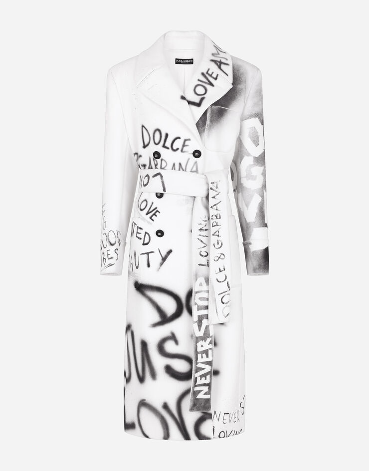 Belted double-breasted fabric coat with DG graffiti print - 3