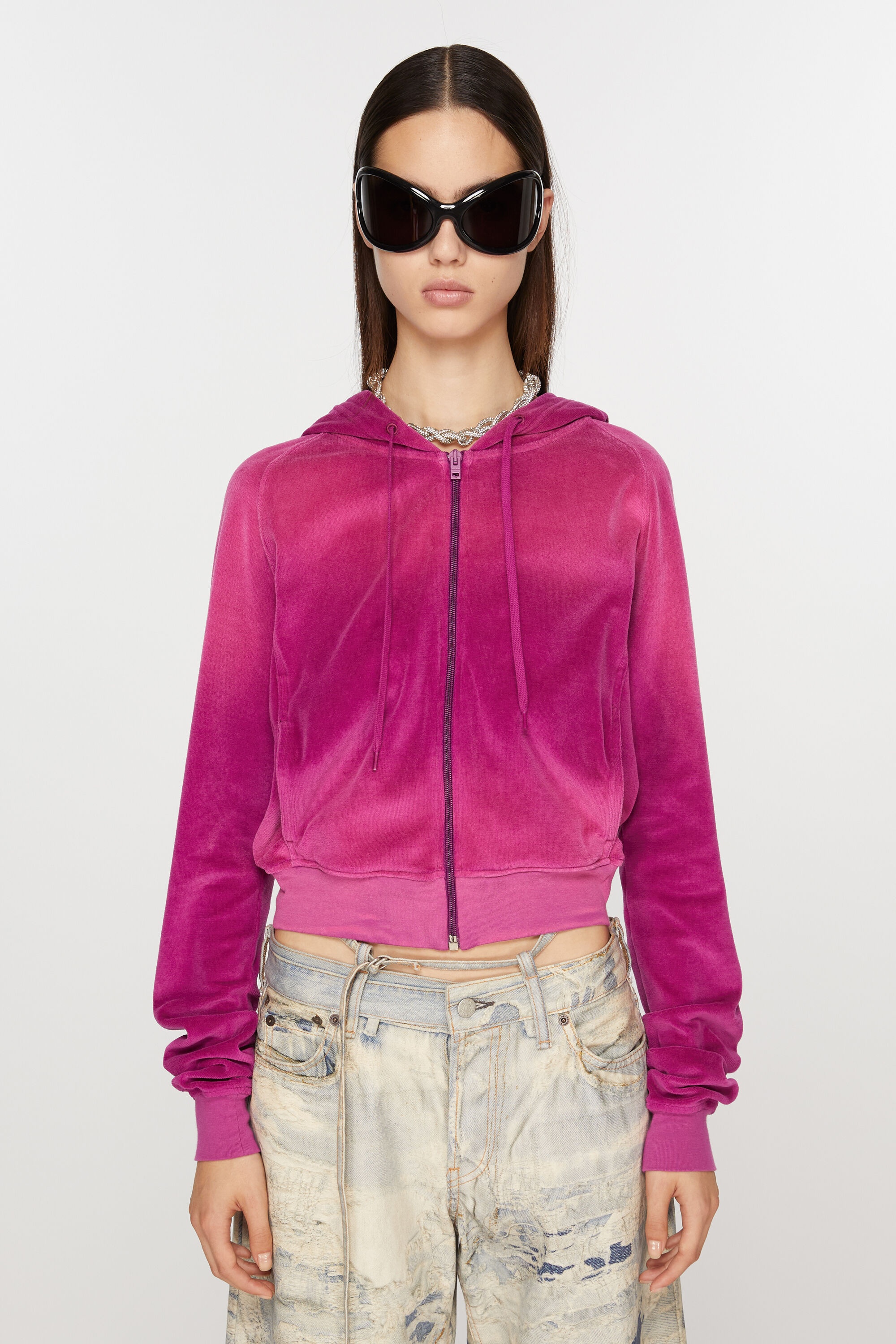 Hooded zip sweater velvet - Magenta pink - 2