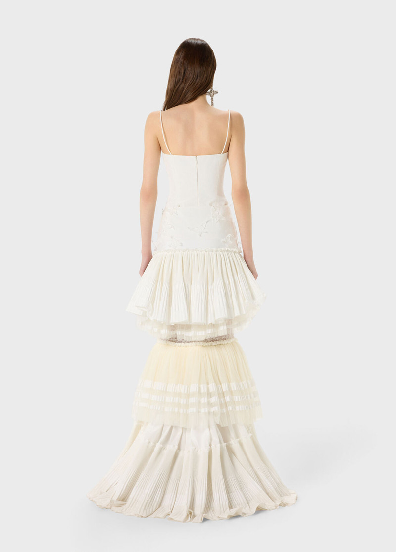 LONG TAFFETA DRESS WITH TULLE RUFFLES AND LACE INSERTS 3