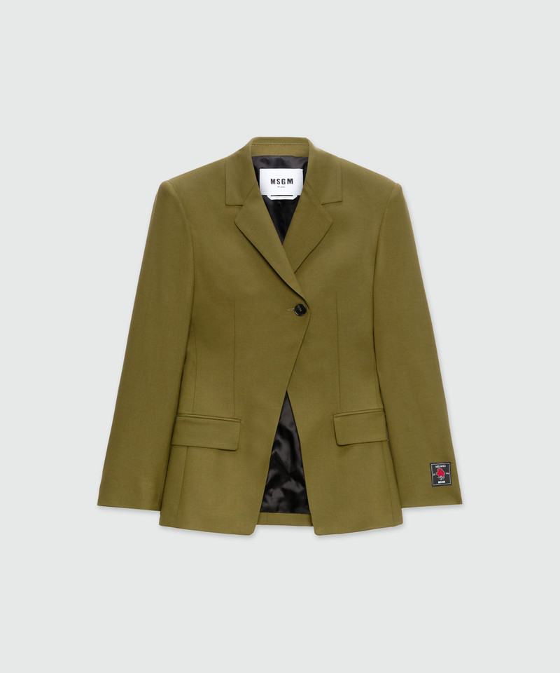 Olive green single-breasted jacket in cool asymmetric wool 1
