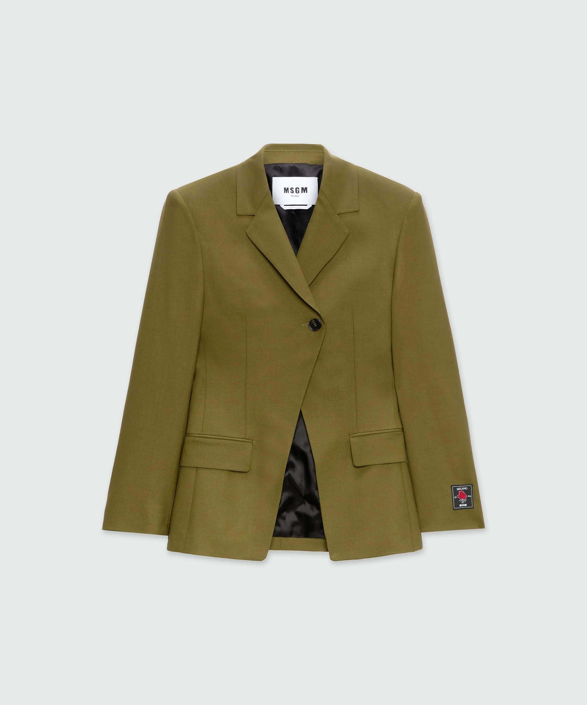 Olive green single-breasted jacket in cool asymmetric wool - 1
