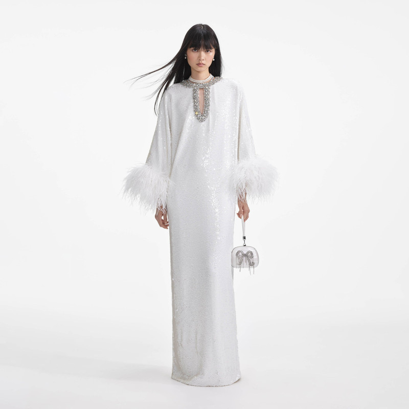 White Sequin Feather Maxi Dress 1