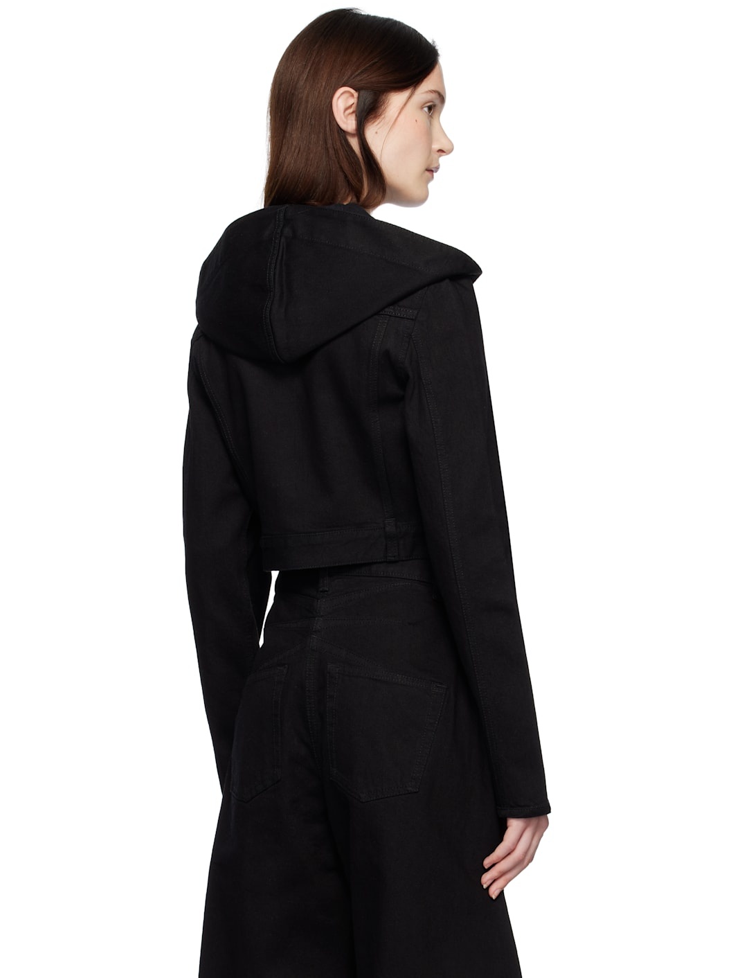 Black Cropped Hooded Denim Jacket - 3