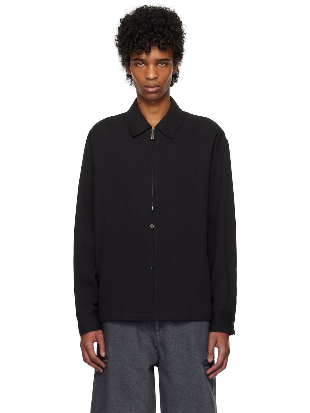 Black Zip & Button Front Jacket - 1