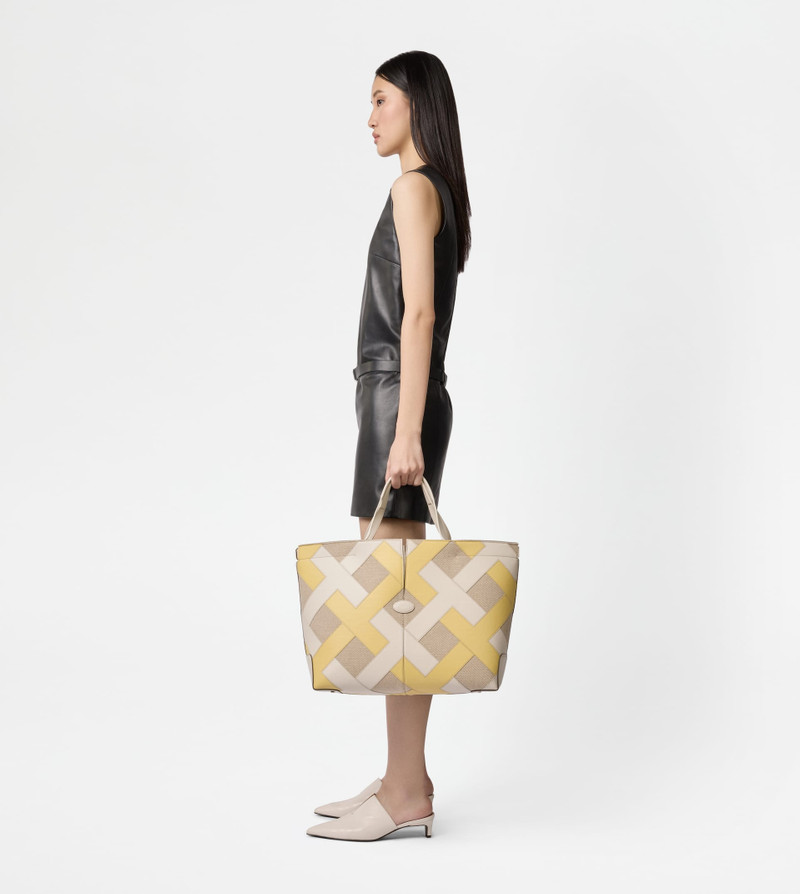TOD'S DI BAG FOLIO IN LEATHER AND CANVAS MEDIUM - WHITE, GREY, YELLOW 8