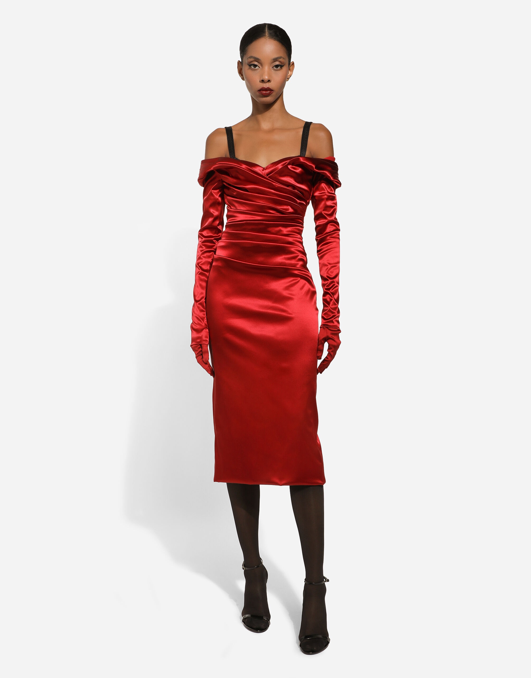 Satin draped calf-length dress - 3