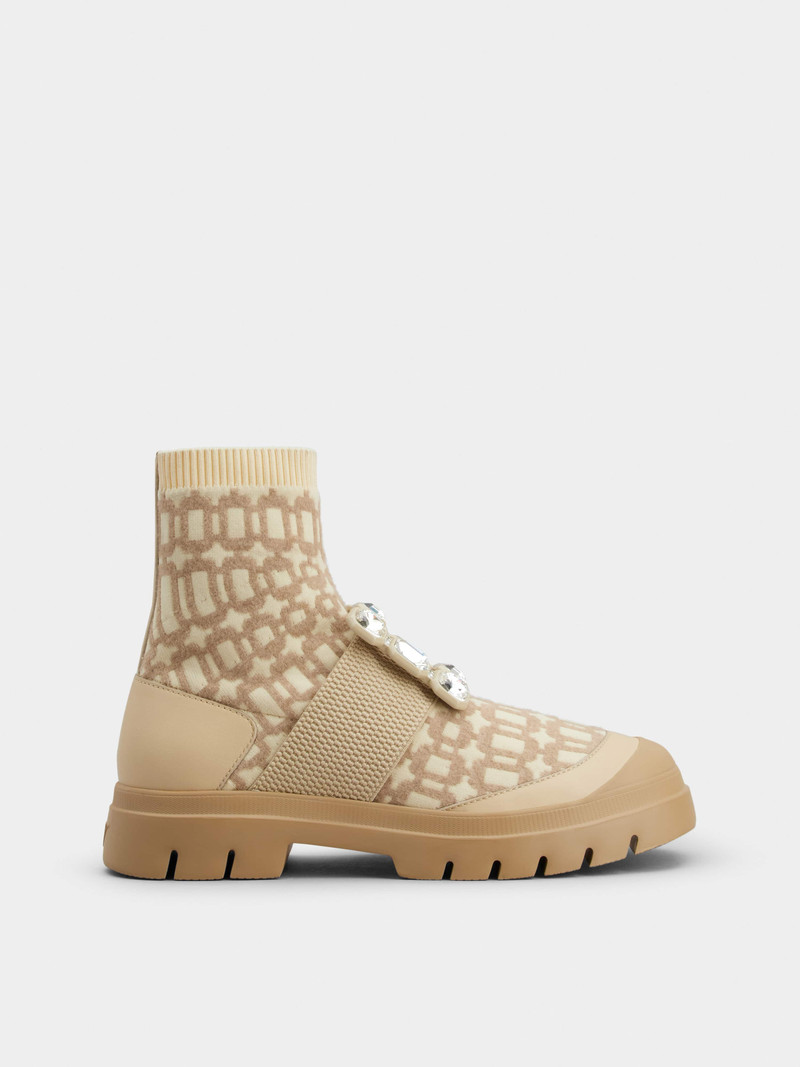 Walky Viv' Rhinestone Buckle Socks Ankle Boots in Fabric 1