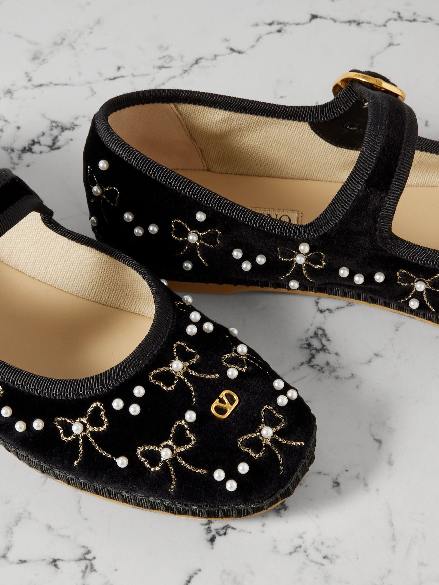 Endouce embellished grosgrain-trimmed velvet Mary Jane ballet flats Black - 4