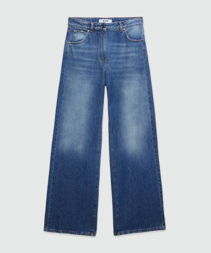Wide-leg pre-washed effect blue denim pants 1