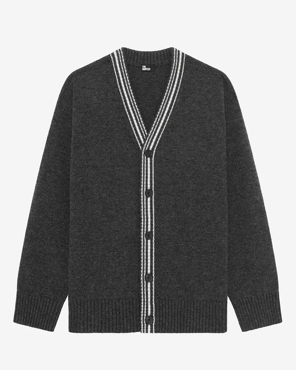 WOOL CARDIGAN WITH CONTRASTING GREY STRIPES - 1
