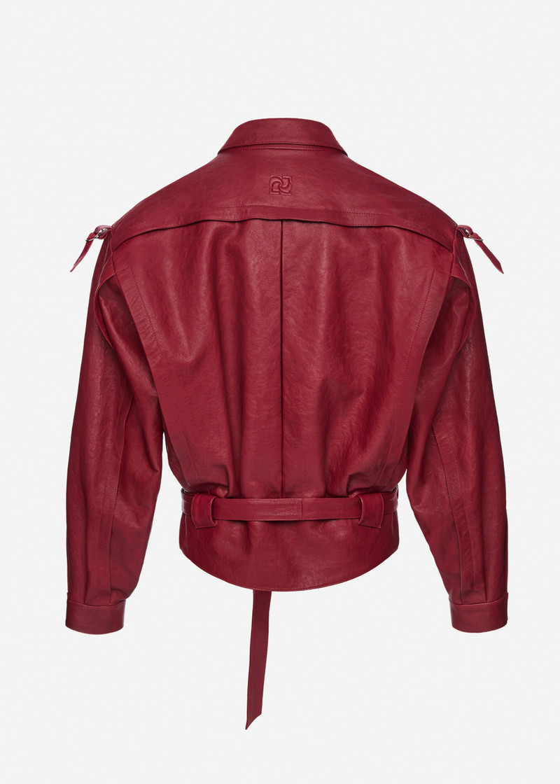 Oversized belted leather jacket in cherry red 2