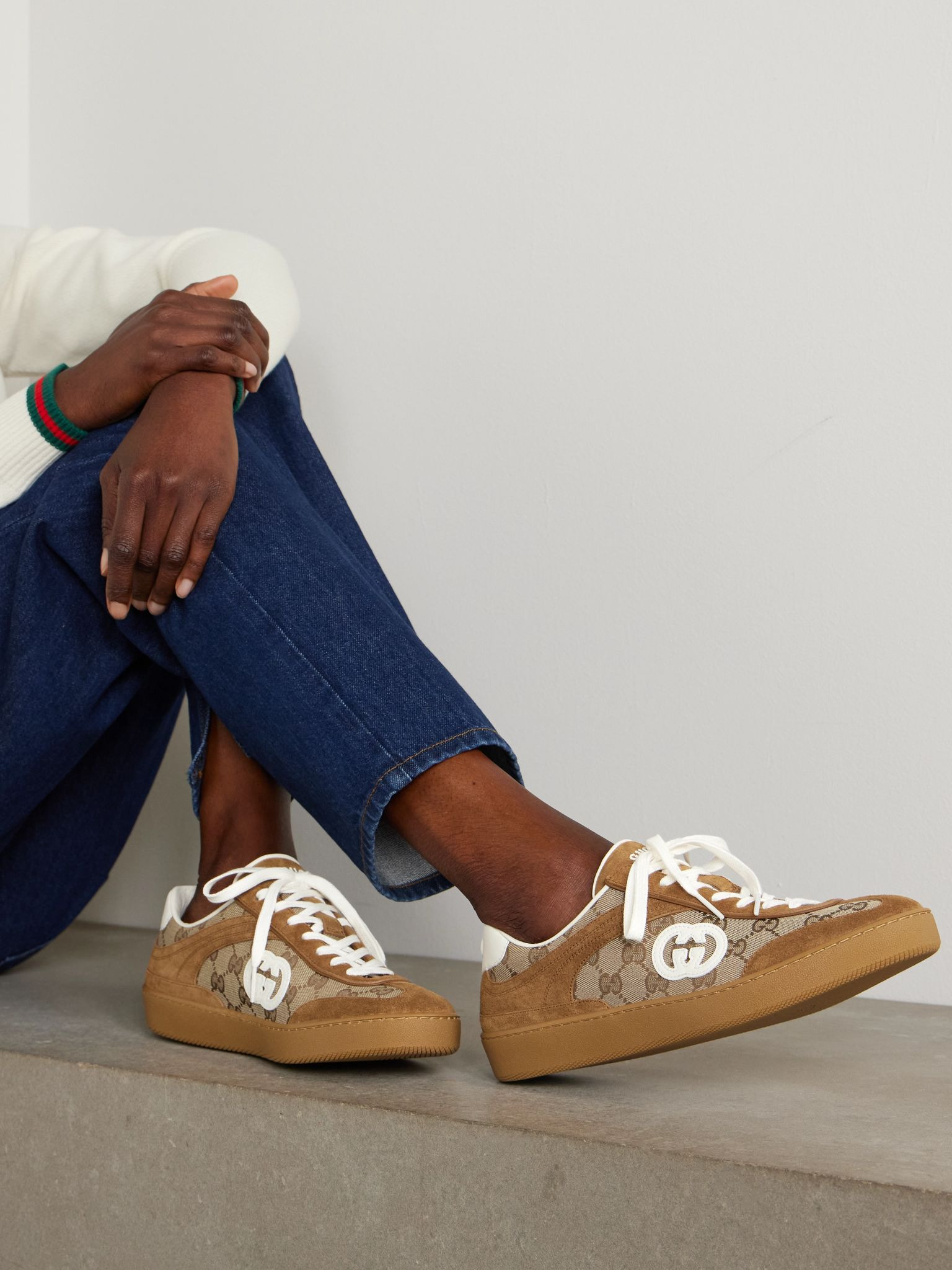 Leather and suede-trimmed coated canvas-jacquard sneakers Brown - 2