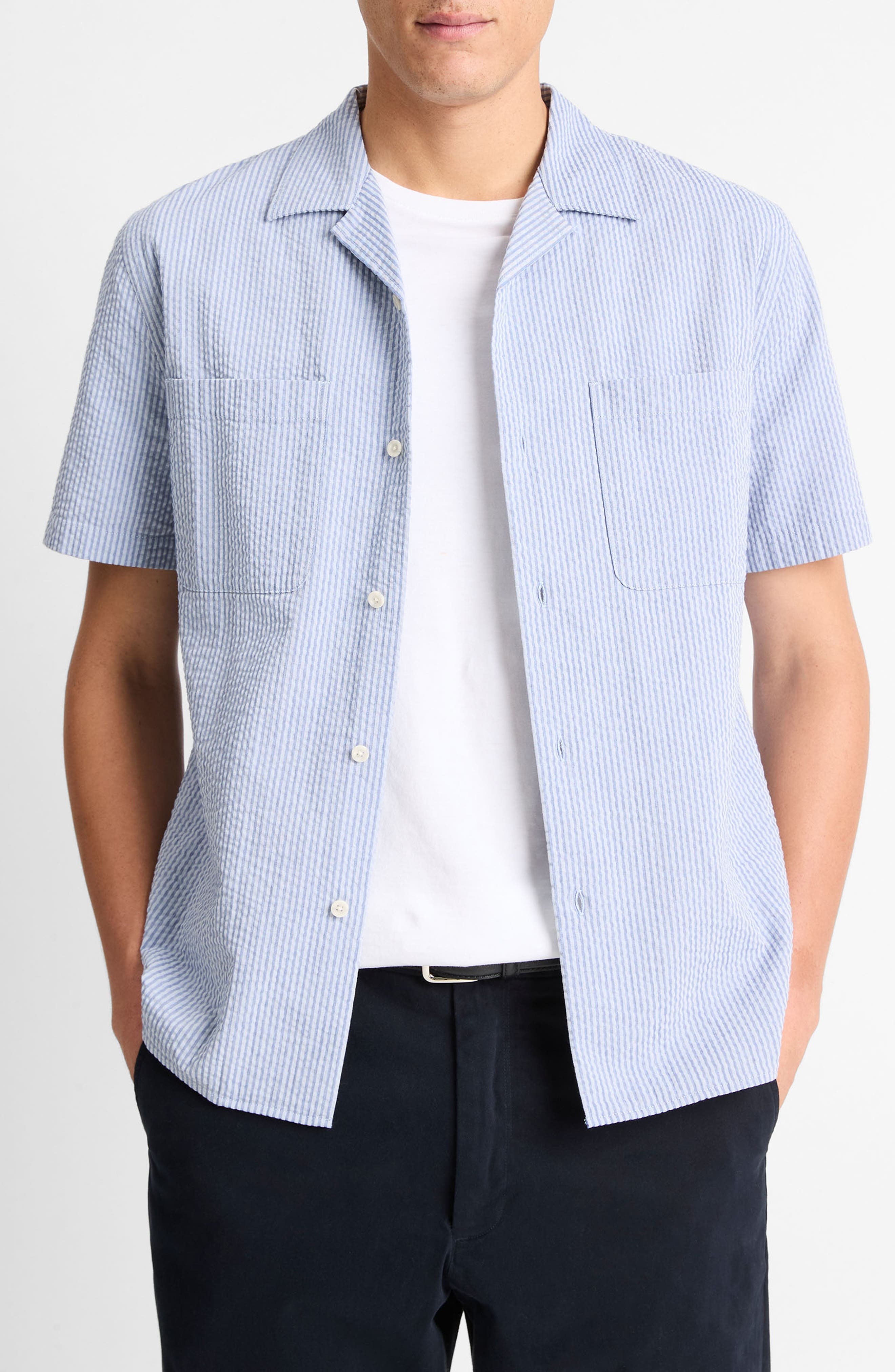 Vince Classic Fit Stripe Seersucker Camp Shirt in Dark Playa Blue at Nordstrom - 1