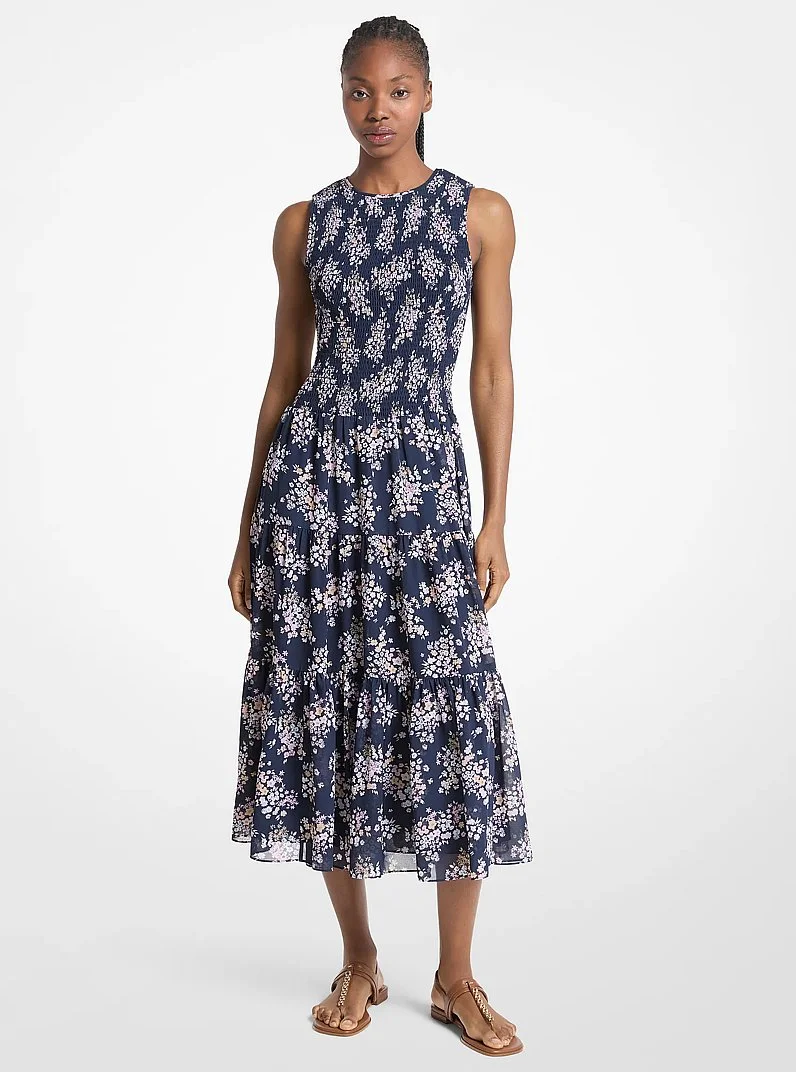 Floral Print Smocked Georgette Midi Dress - 1