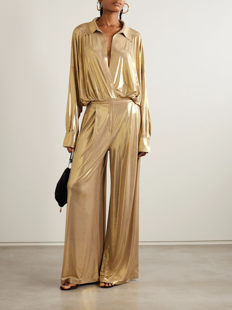 NORMA KAMALI Pleated stretch-lamé wide-leg pants Gold outlook