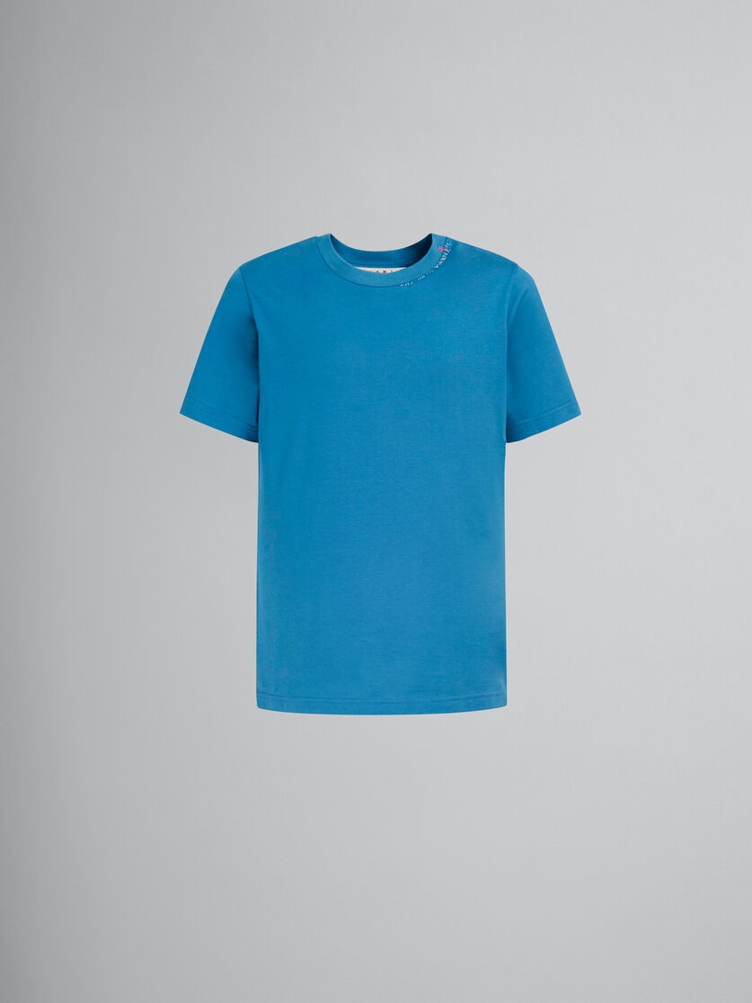 BLUE COTTON T-SHIRT WITH BACK FLOWER PRINT - 1
