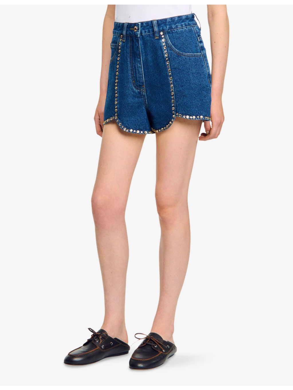 Rhinestone-Embellished Tulip-Hem Denim Shorts - 3