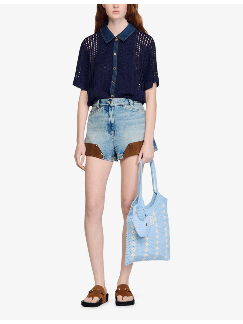 Sandro Short-Sleeved Denim-Trim Crochet Cardigan outlook