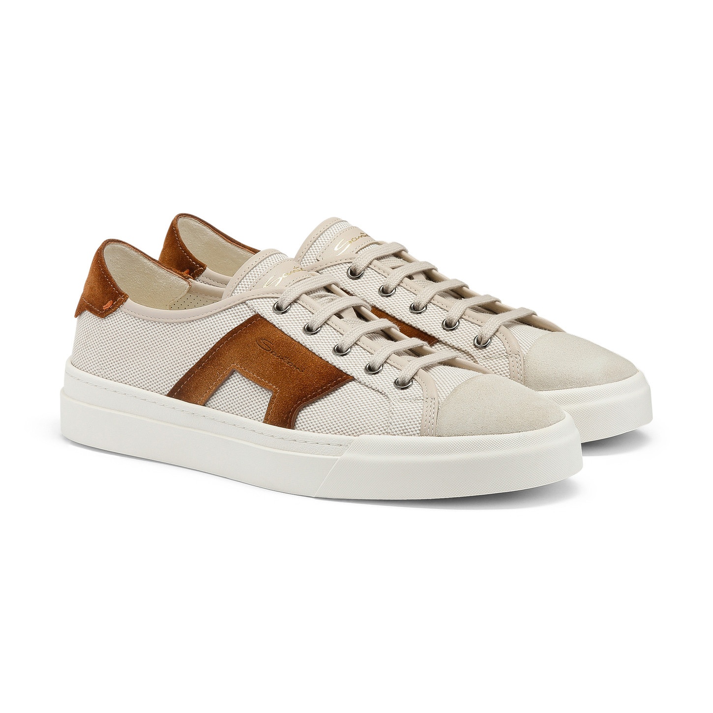 Men's beige and brown canvas and suede Double Buckle Sneaker - 3