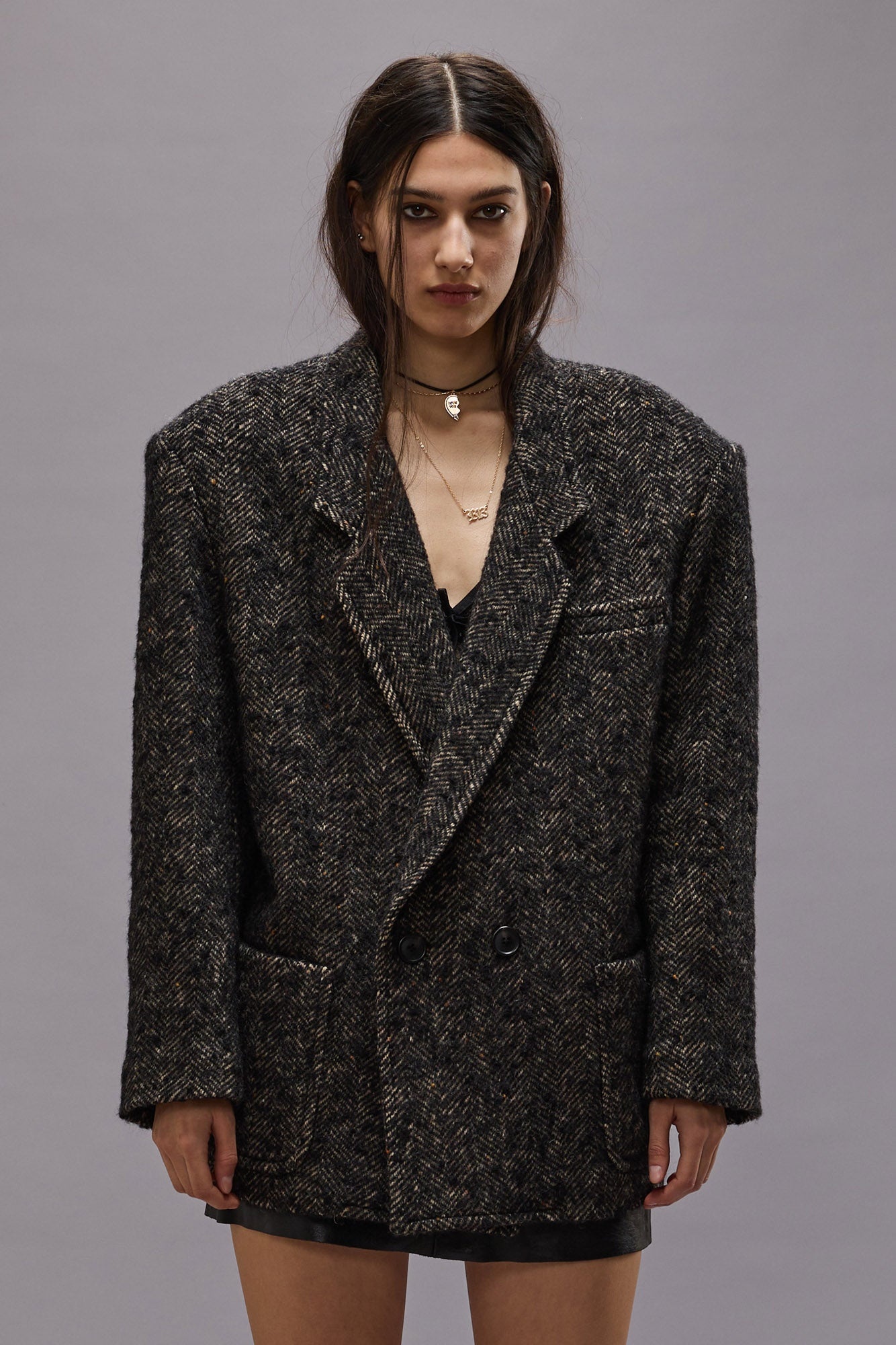 OVERSIZED DOUBLE-BREASTED BLAZER - BLACK HERRINGBONE - R13 - 3
