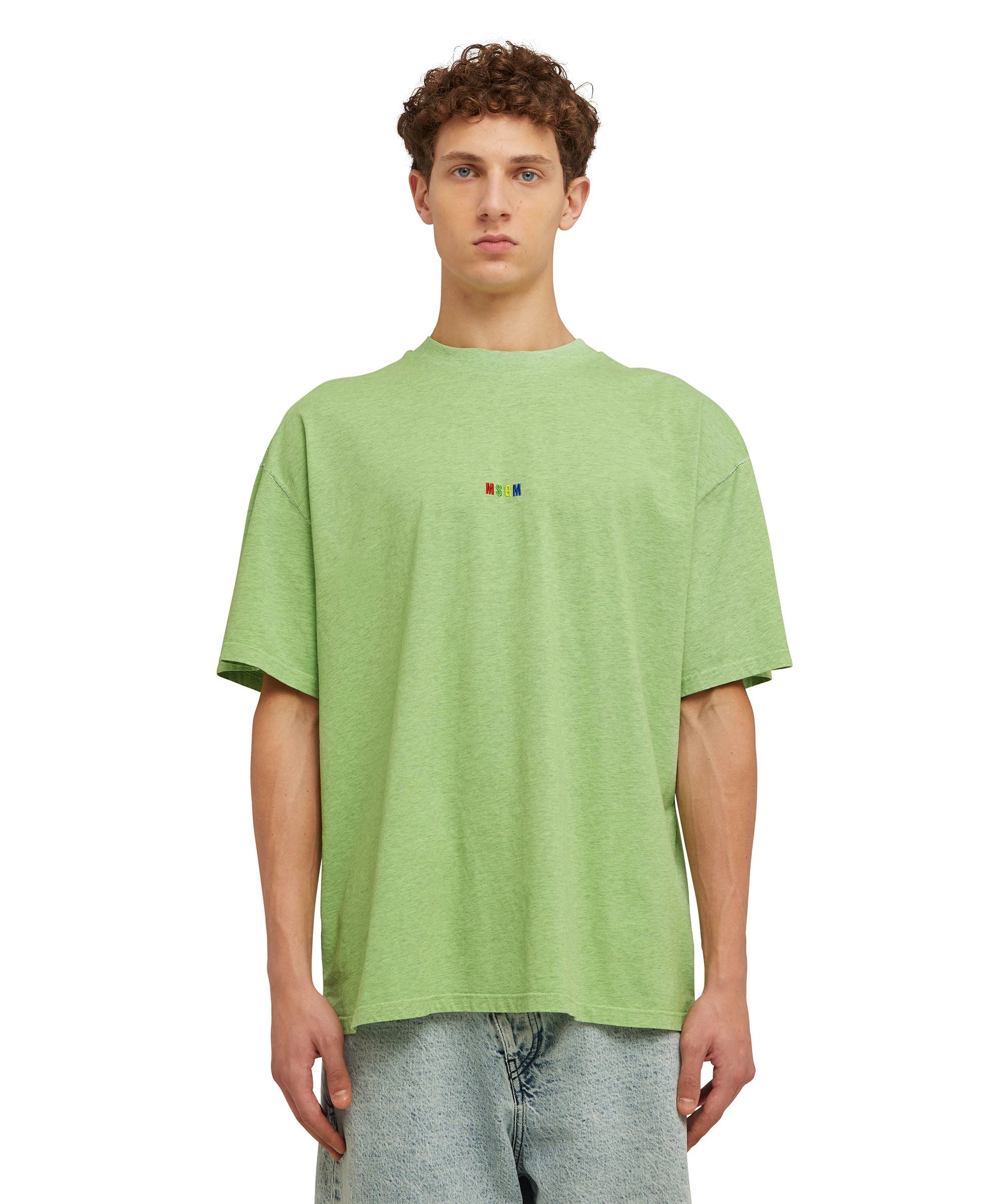 Melange cotton crewneck t-shirt with embroidered rainbow MSGM micro logo - 1