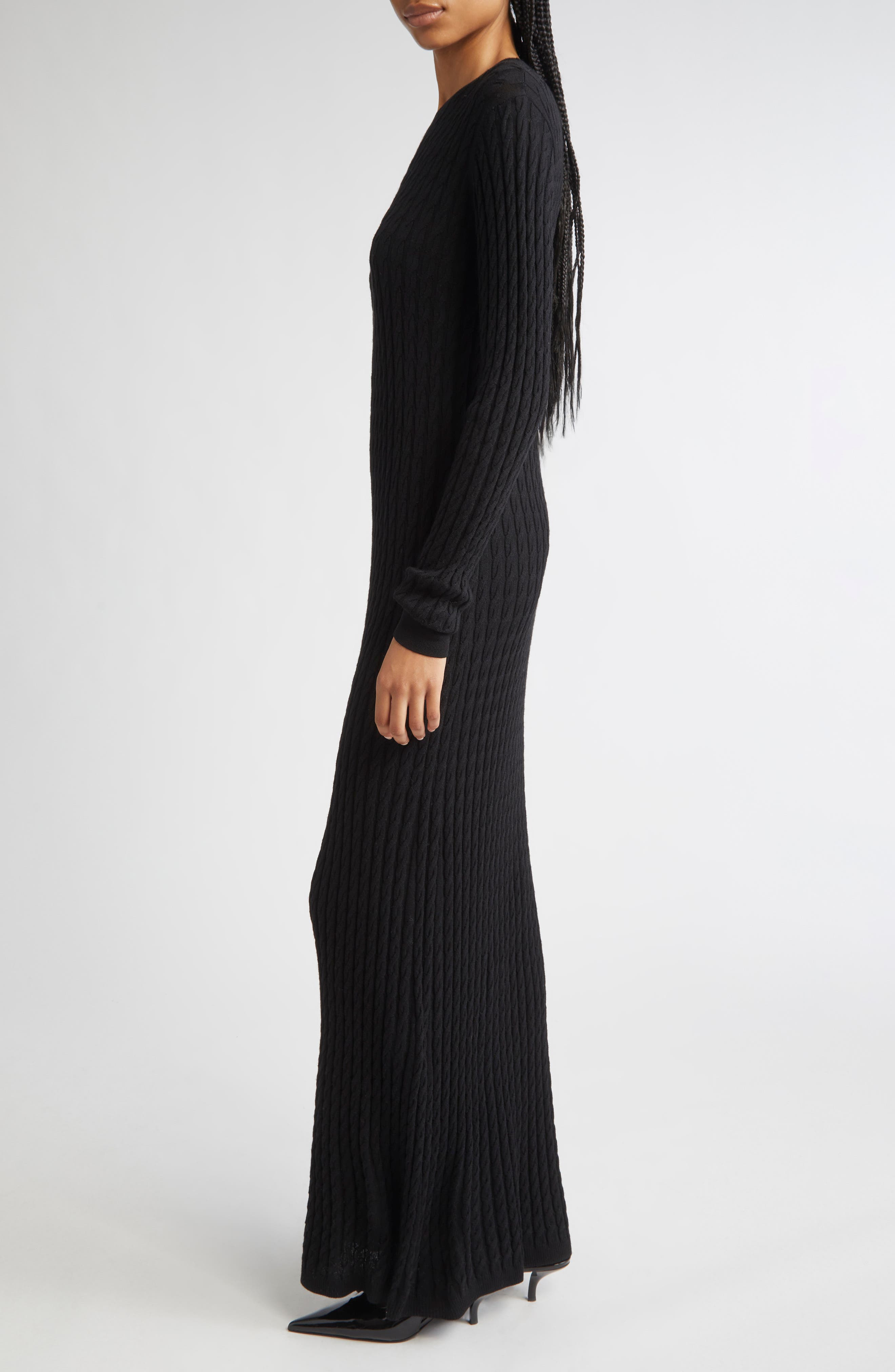 TOTEME Long Sleeve Cable Knit Wool Merino Wool Sweater Dress in Black at Nordstrom - 3