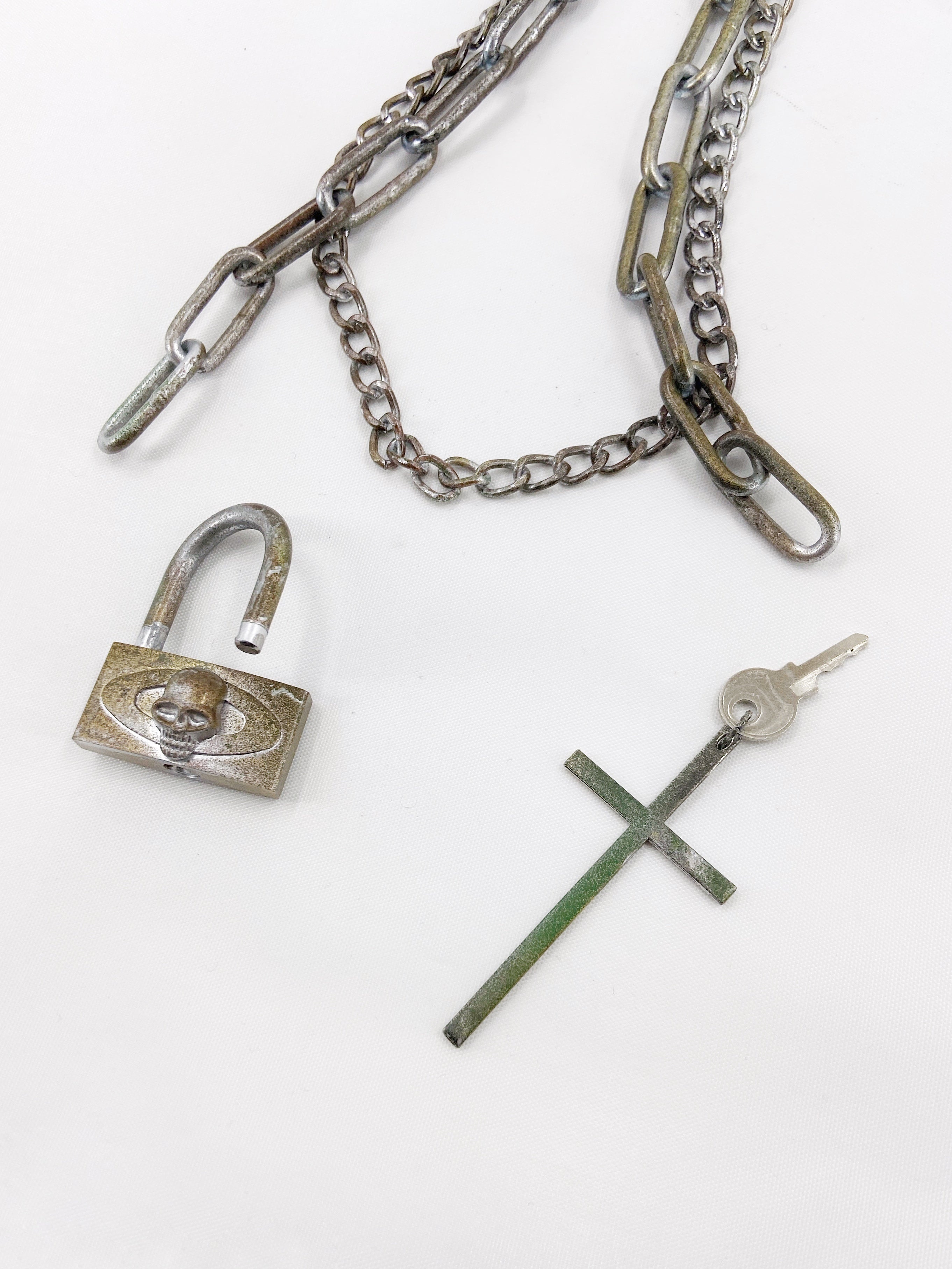 Jean Paul Gaultier 90s Sample Skull Lock Key Cross Double Chain Necklace - 13