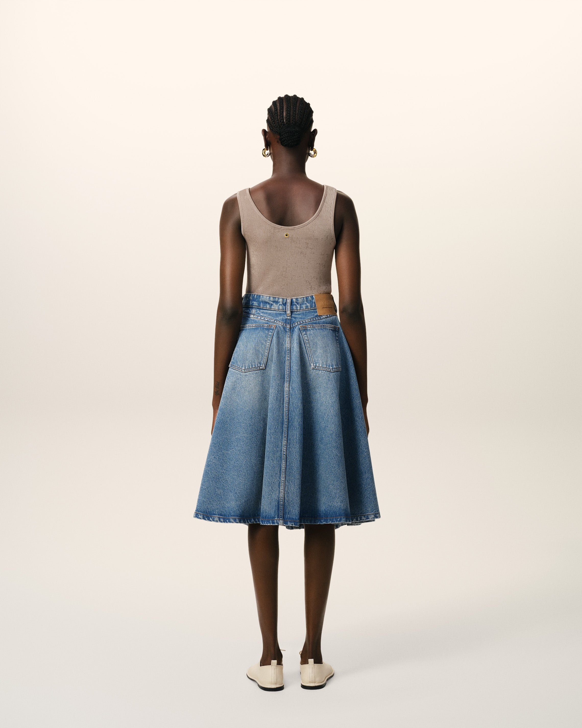 BLUE COTTON MIDI SKIRT WITH GODETS - 4