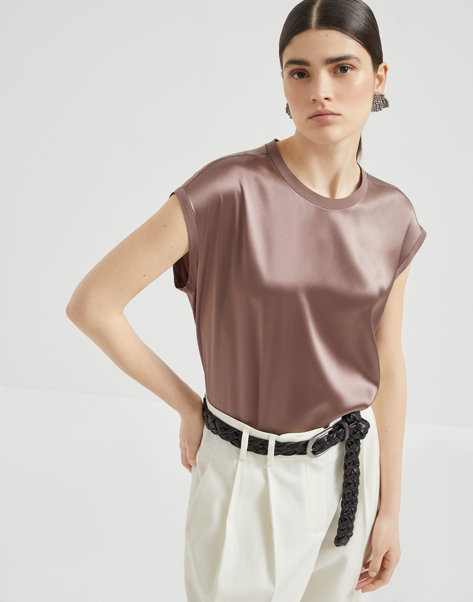 Stretch silk satin T-shirt with monili - 4