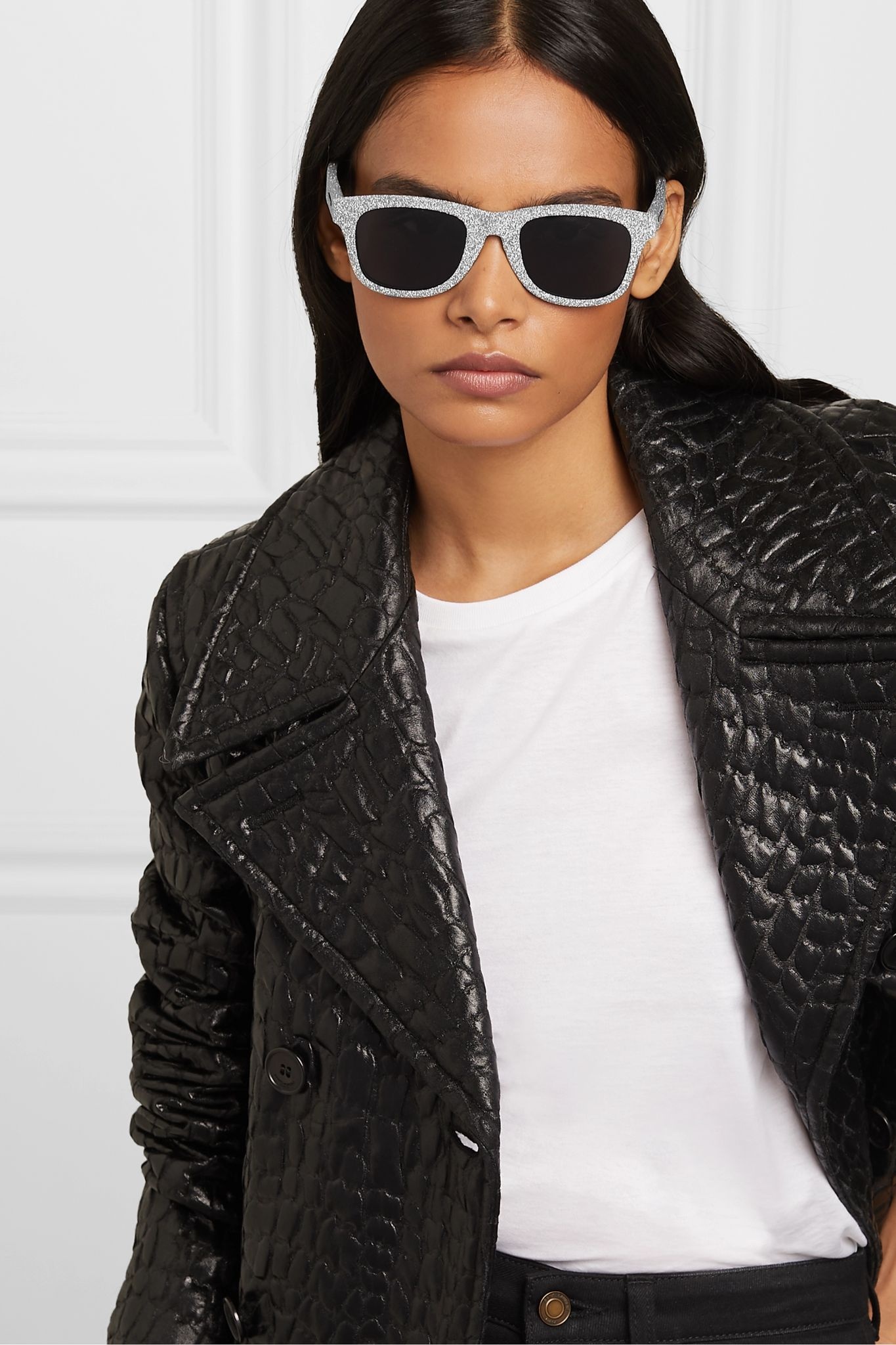 Square-frame glittered acetate and leather sunglasses - 3