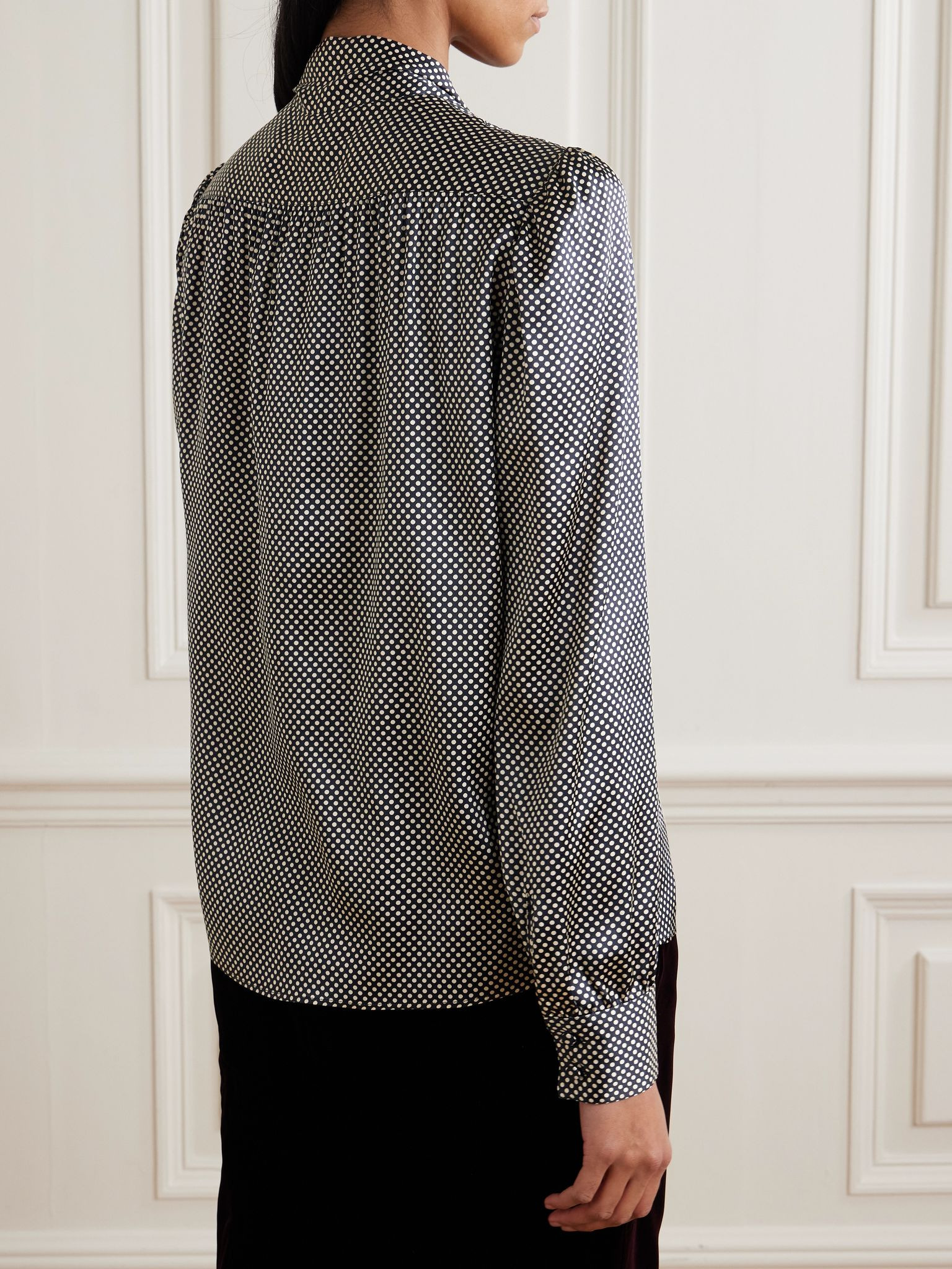 Tie-neck polka-dot silk-blend satin blouse Light gray - 4